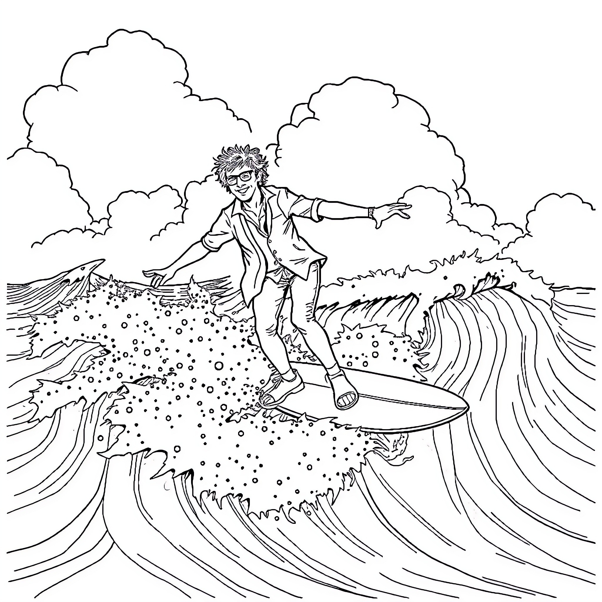 Bob Dylan surfing the waves of life Coloring Page (free black-and-white line drawing printable PDF for all, from beginners to advanced learners, including children, teens, adults, and seniors)