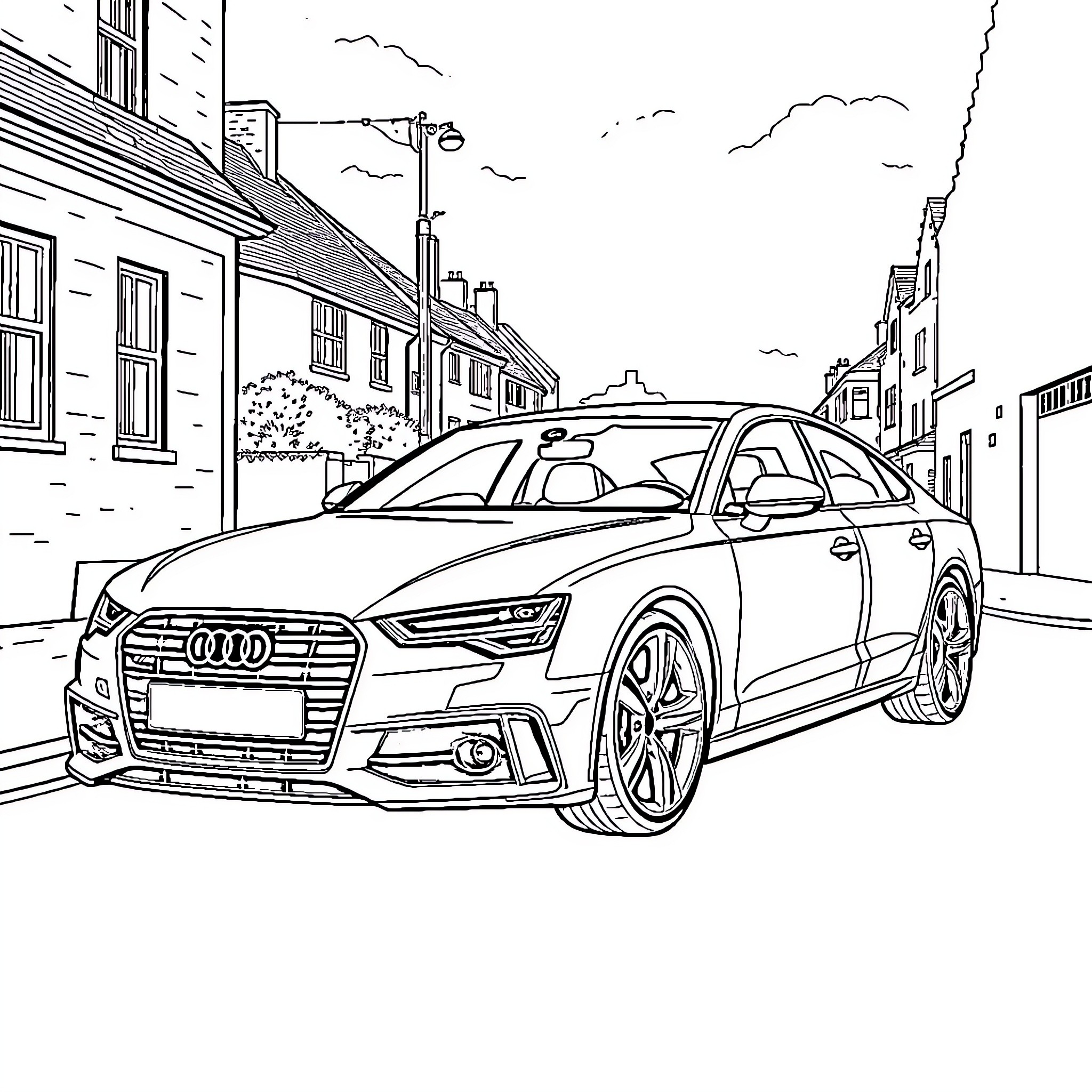 Audi sedan on a city street Coloring Page (free black-and-white line drawing printable PDF for all, from beginners to advanced learners, including children, teens, adults, and seniors)