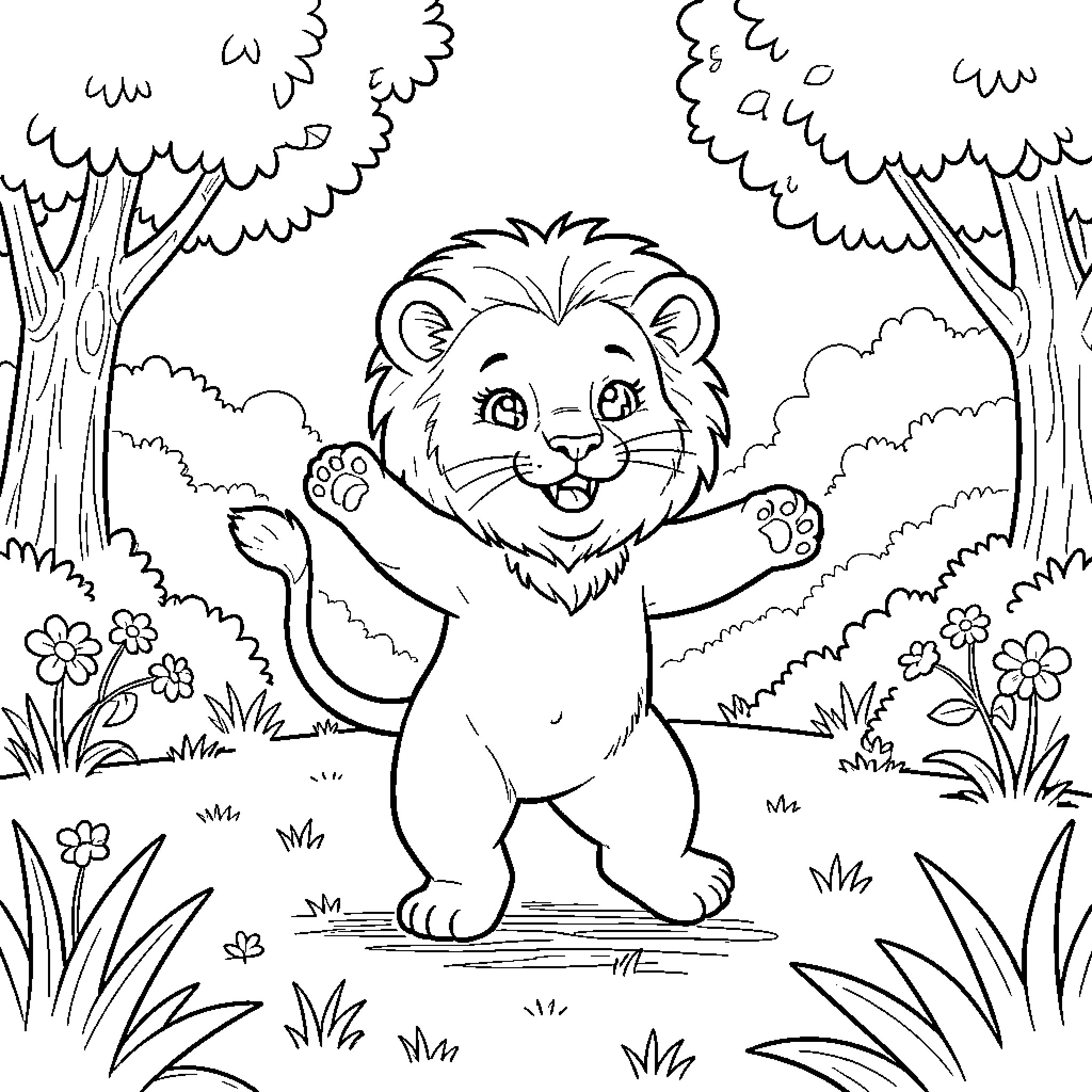 Lion dancing joyfully in a forest clearing Coloring Page (free black-and-white line drawing printable PDF for all, from beginners to advanced learners, including children, teens, adults, and seniors)