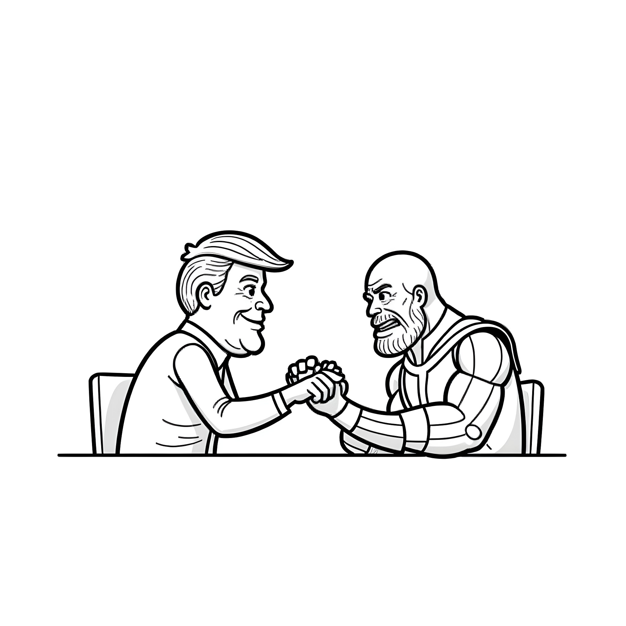 Donald Trump shaking hands with a serious-looking man Coloring Page (free black-and-white line drawing printable PDF for all, from beginners to advanced learners, including children, teens, adults, and seniors)