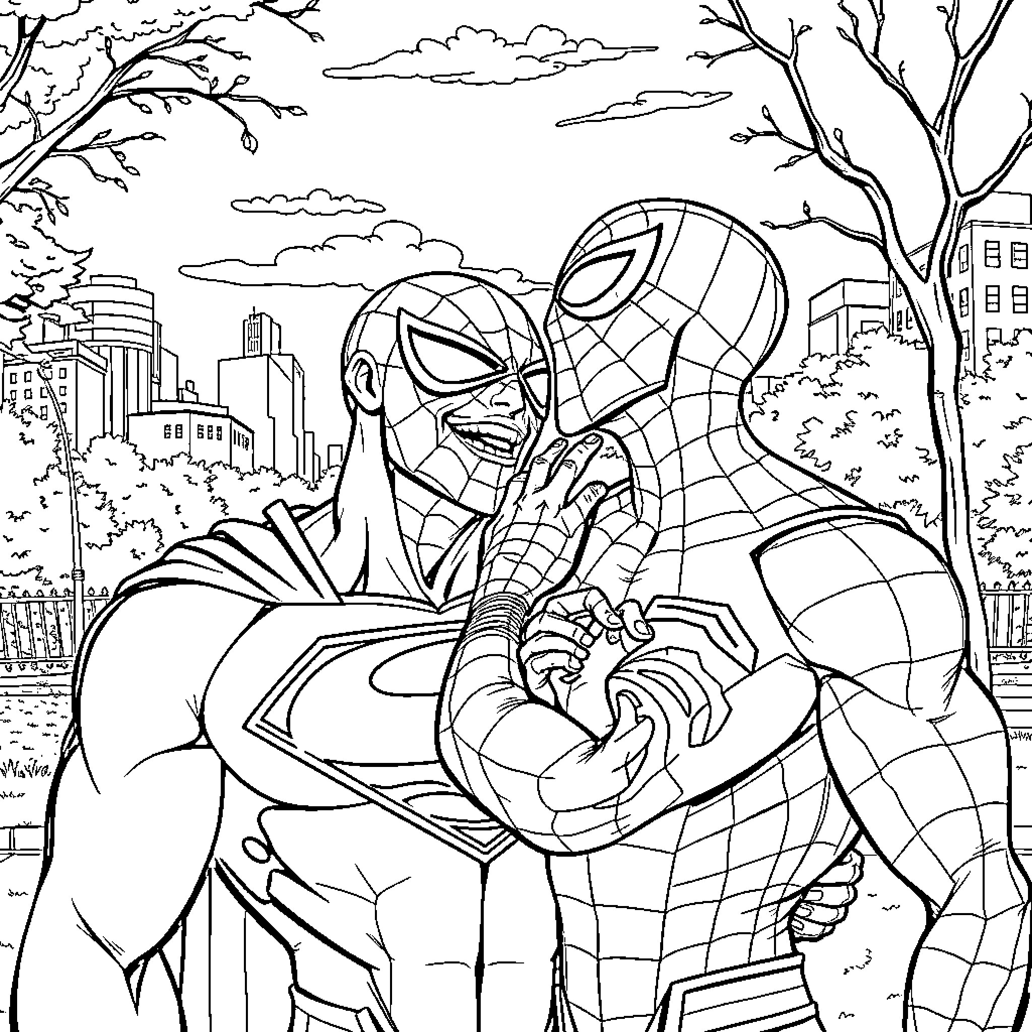 Superman saves the city from danger Coloring Page (free black-and-white line drawing printable PDF for all, from beginners to advanced learners, including children, teens, adults, and seniors)