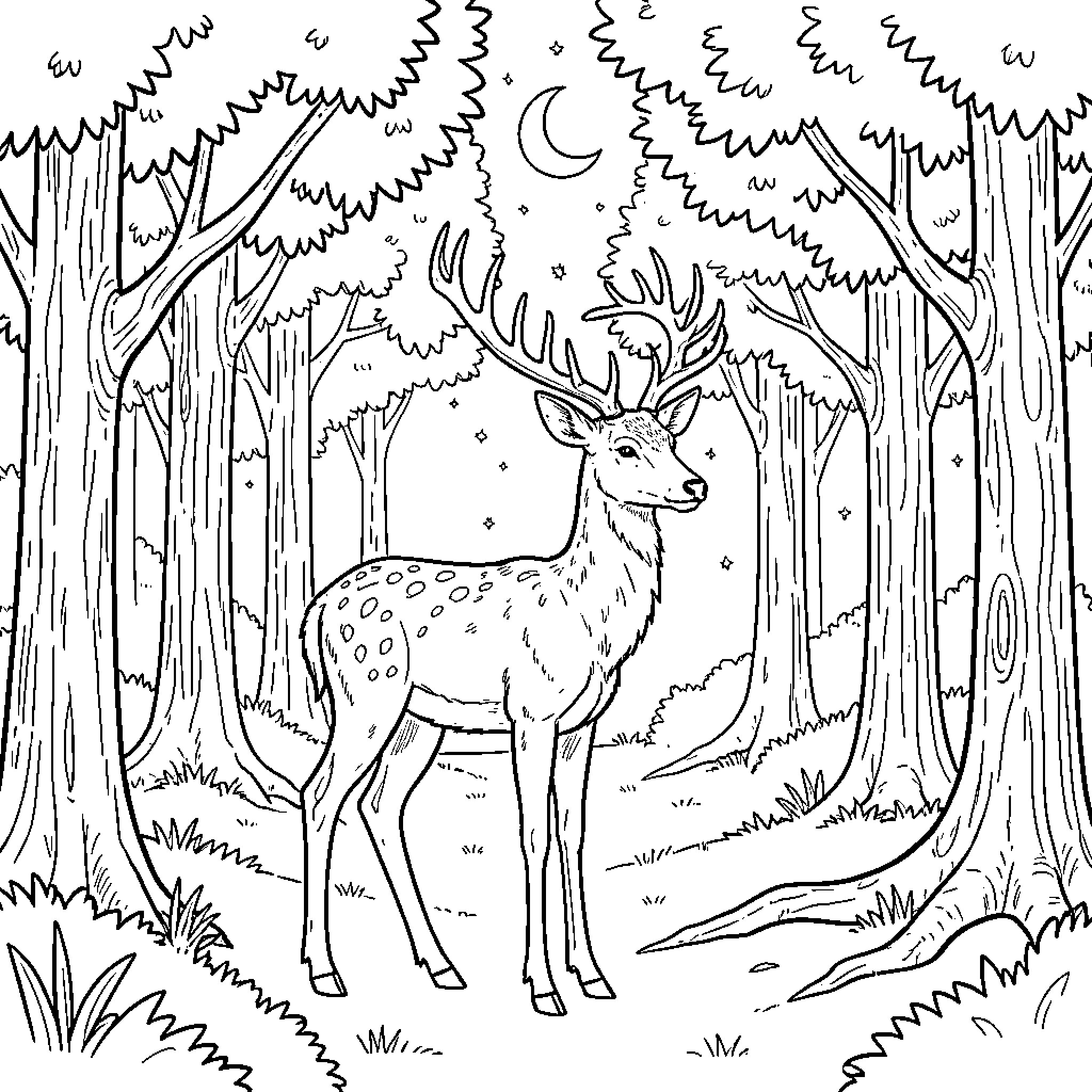 Deer standing peacefully in a mystical forest Coloring Page (free black-and-white line drawing printable PDF for all, from beginners to advanced learners, including children, teens, adults, and seniors)