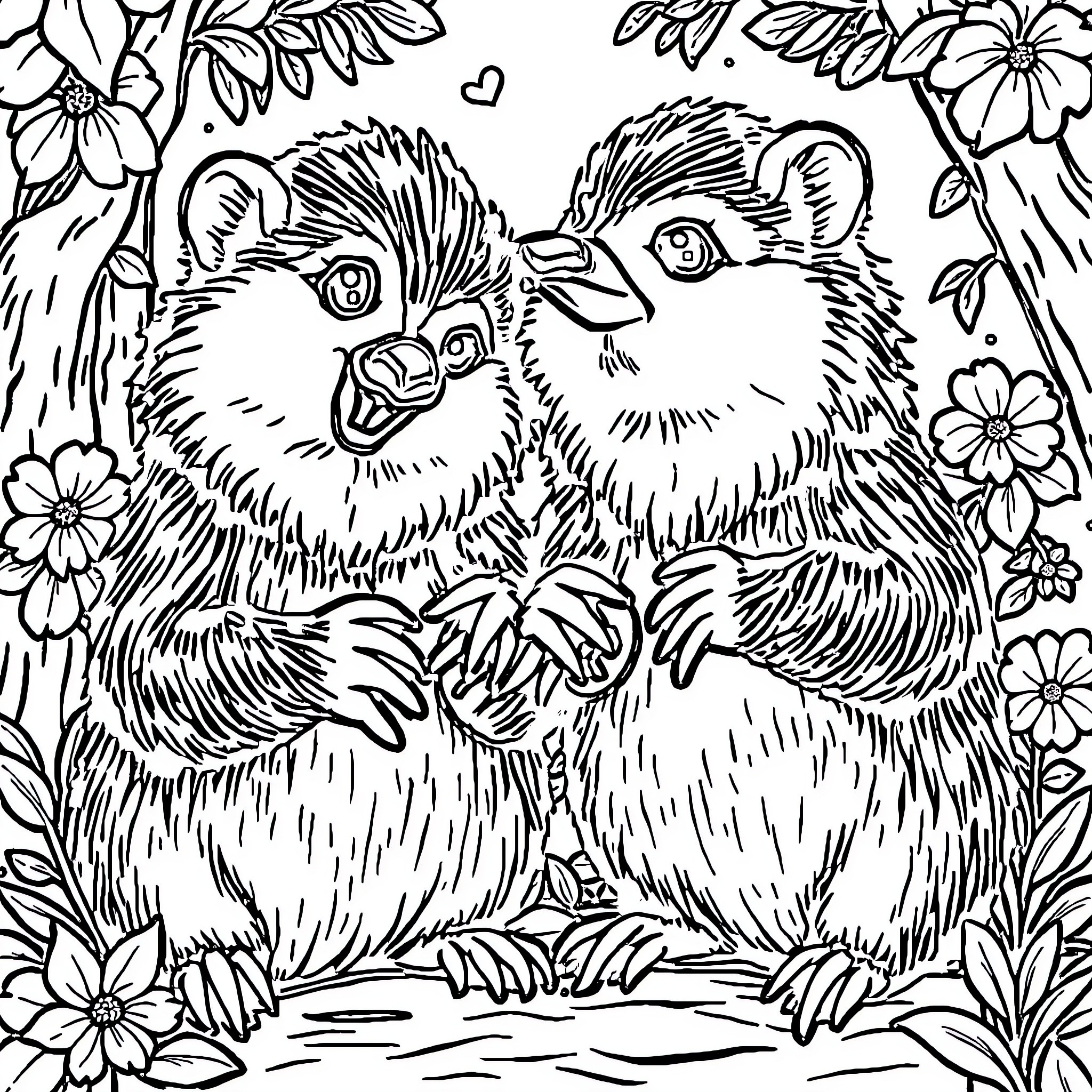 Little Men Cuddling in a Floral Wonderland Coloring Page (free black-and-white line drawing printable PDF for all, from beginners to advanced learners, including children, teens, adults, and seniors)