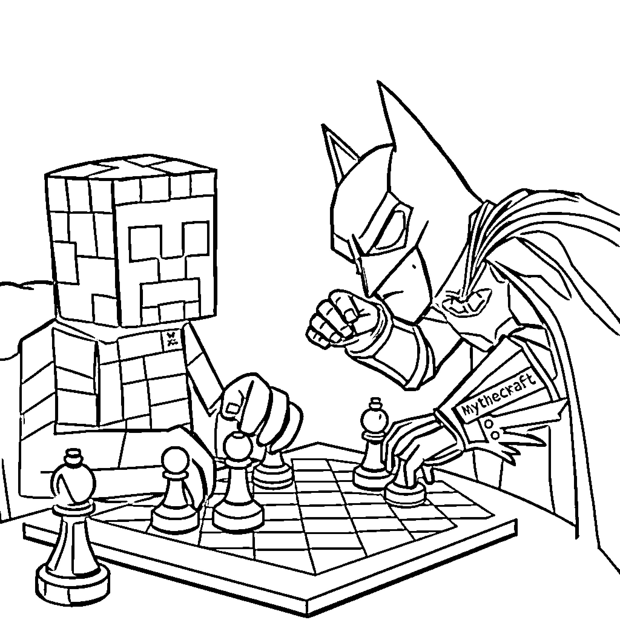 Creeper playing strategy game with Minecraft character Coloring Page (free black-and-white line drawing printable PDF for all, from beginners to advanced learners, including children, teens, adults, and seniors)