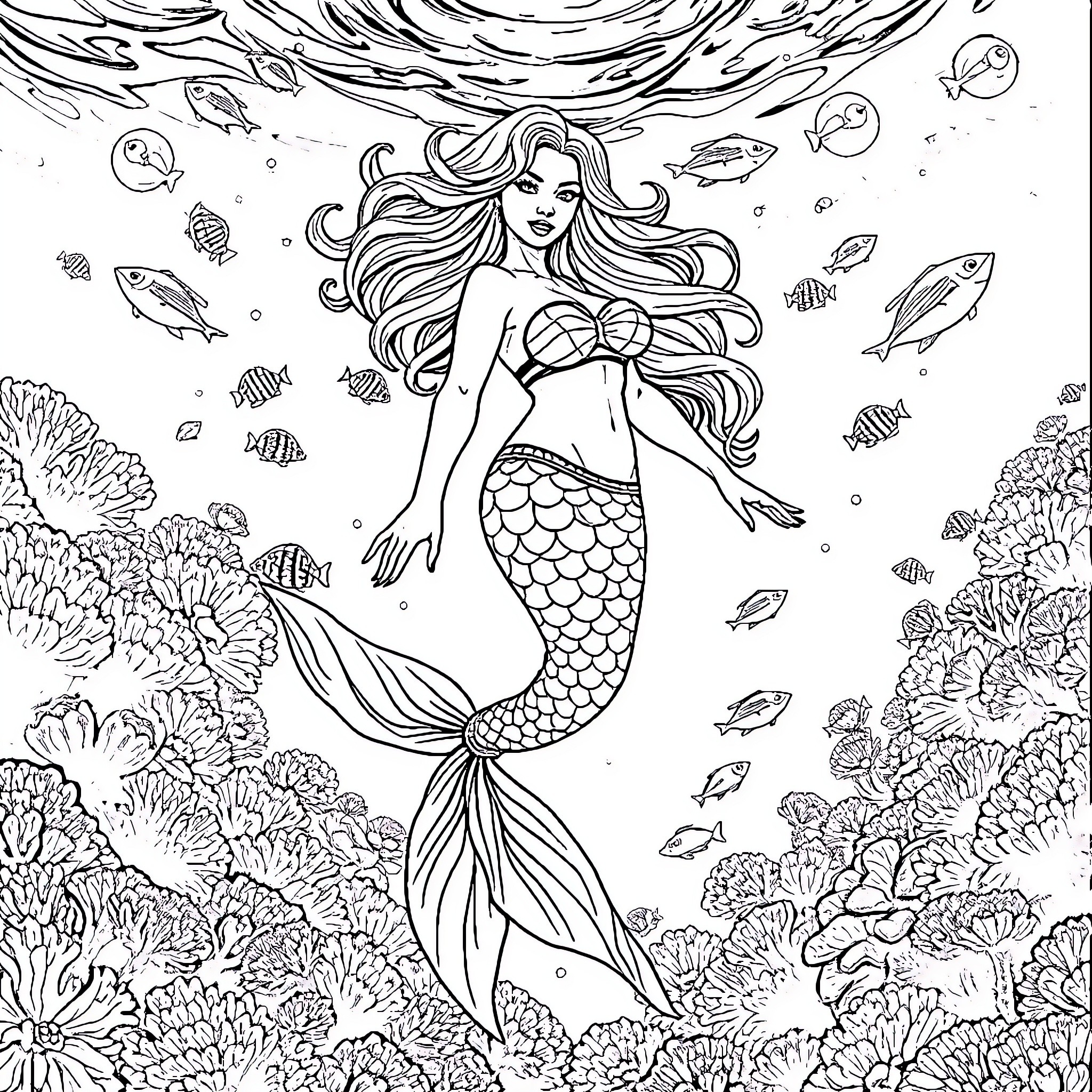 Mermaid swimming gracefully among ocean life Coloring Page (free black-and-white line drawing printable PDF for all, from beginners to advanced learners, including children, teens, adults, and seniors)