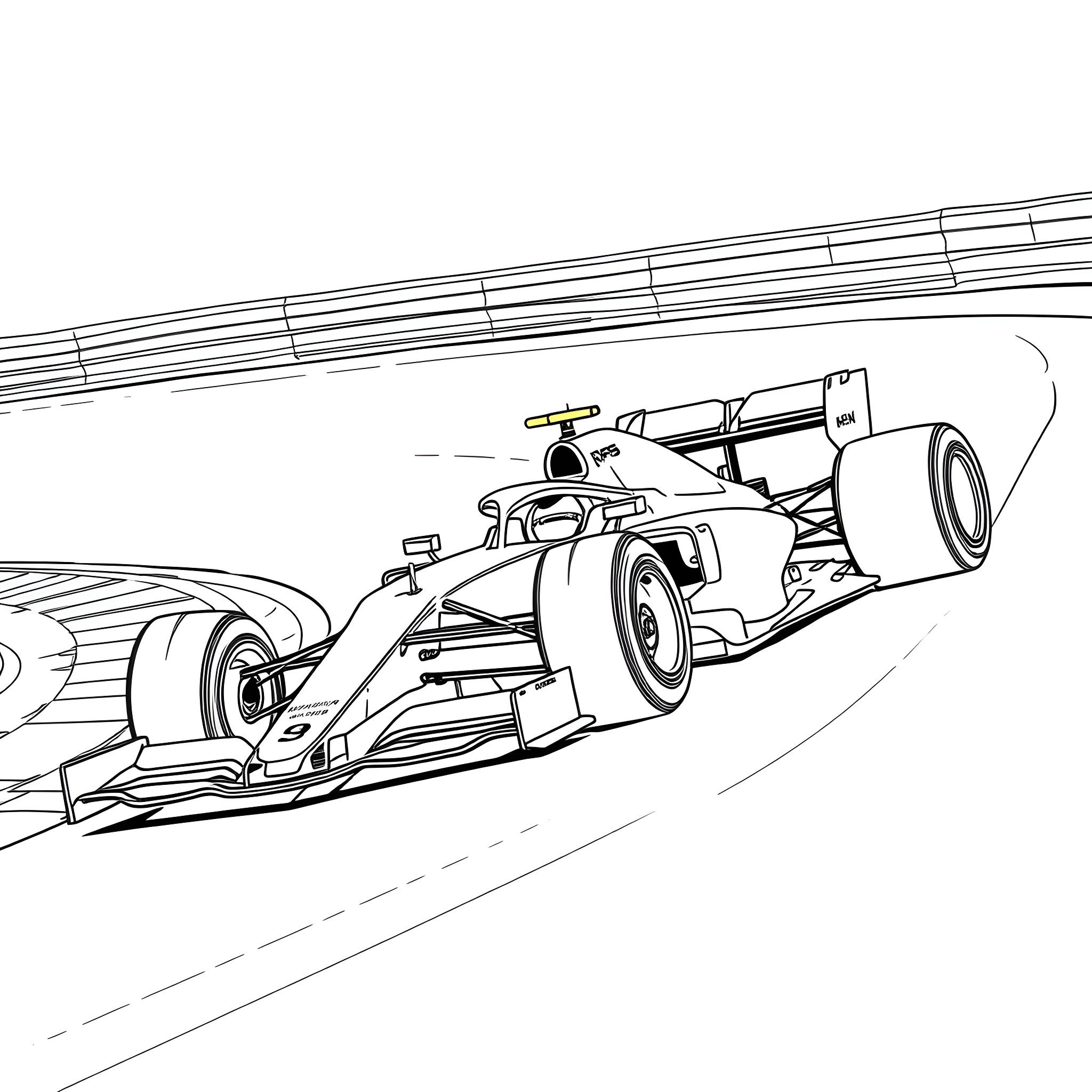 F1 Car Racing on the Track Coloring Page (free black-and-white line drawing printable PDF for all, from beginners to advanced learners, including children, teens, adults, and seniors)