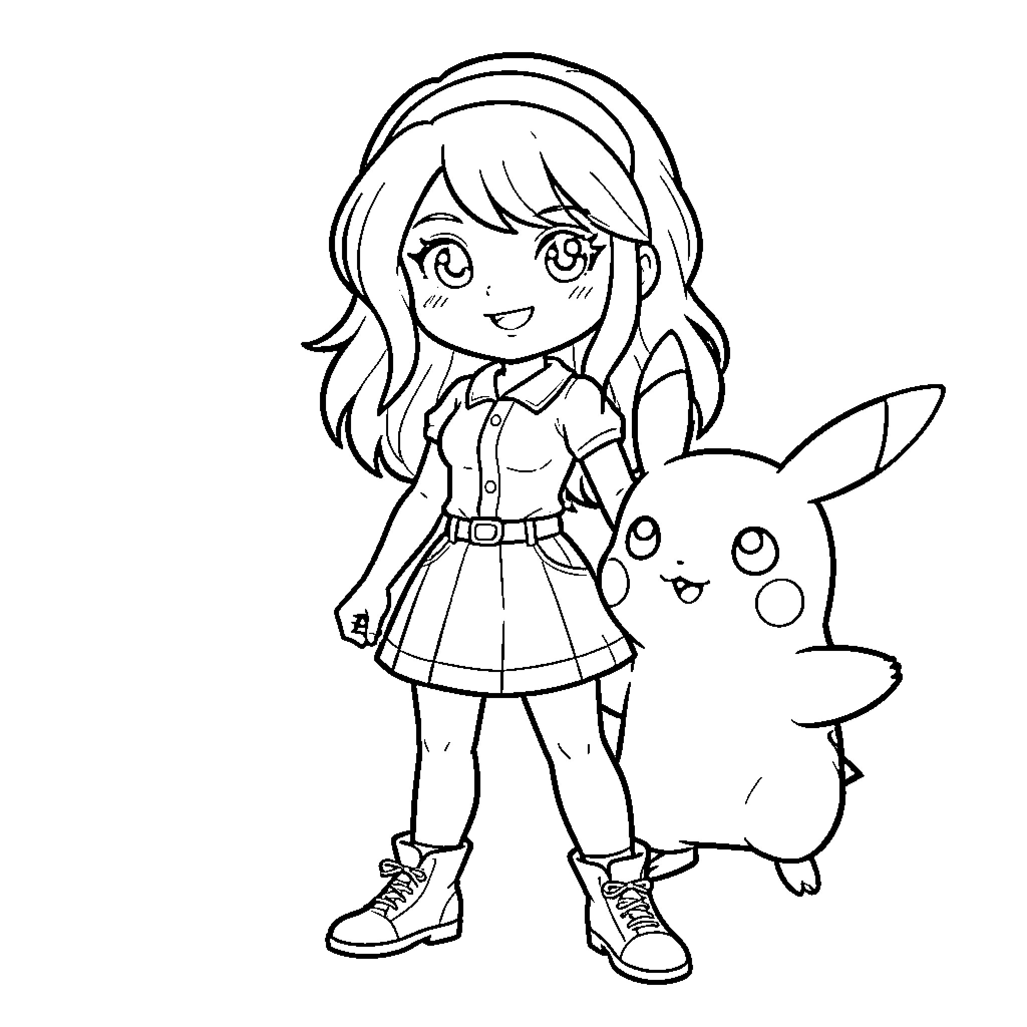 Frankie posing happily with a cute electric creature Coloring Page (free black-and-white line drawing printable PDF for all, from beginners to advanced learners, including children, teens, adults, and seniors)