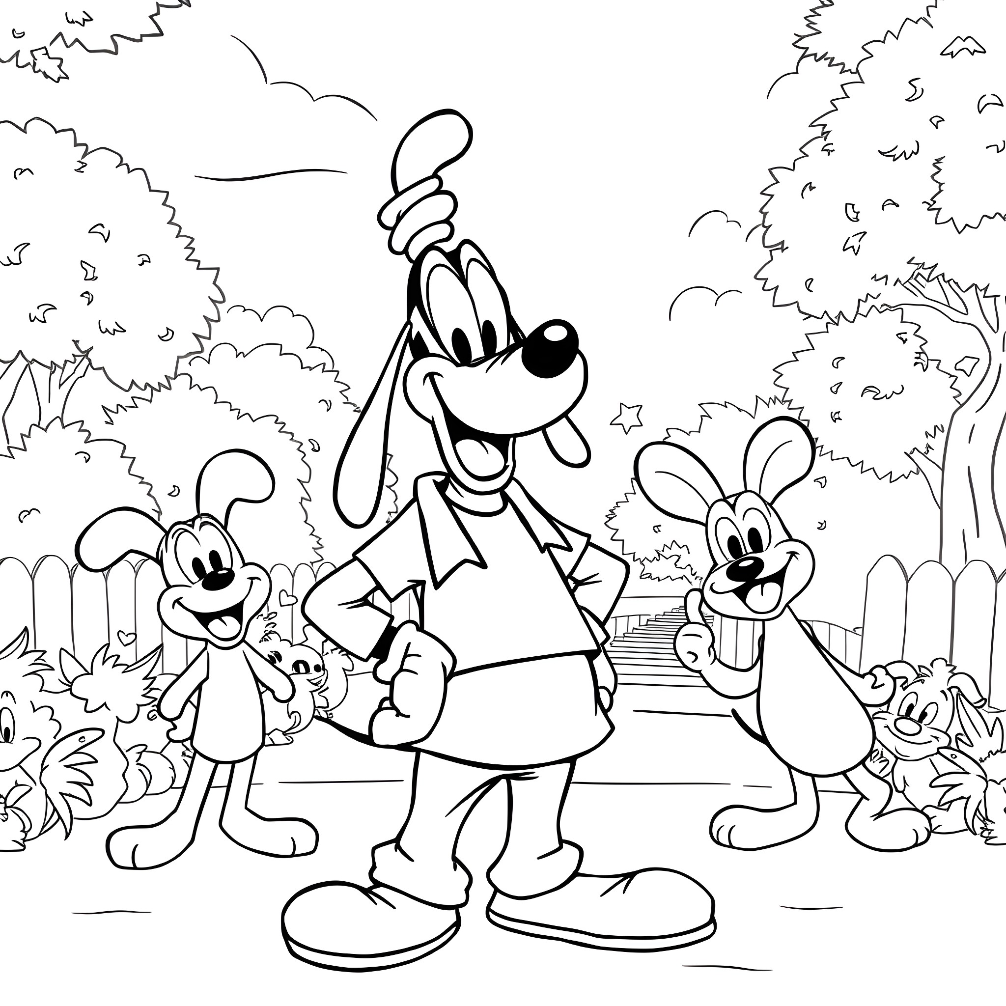Goofy characters in a whimsical outdoor scene Coloring Page (free black-and-white line drawing printable PDF for all, from beginners to advanced learners, including children, teens, adults, and seniors)