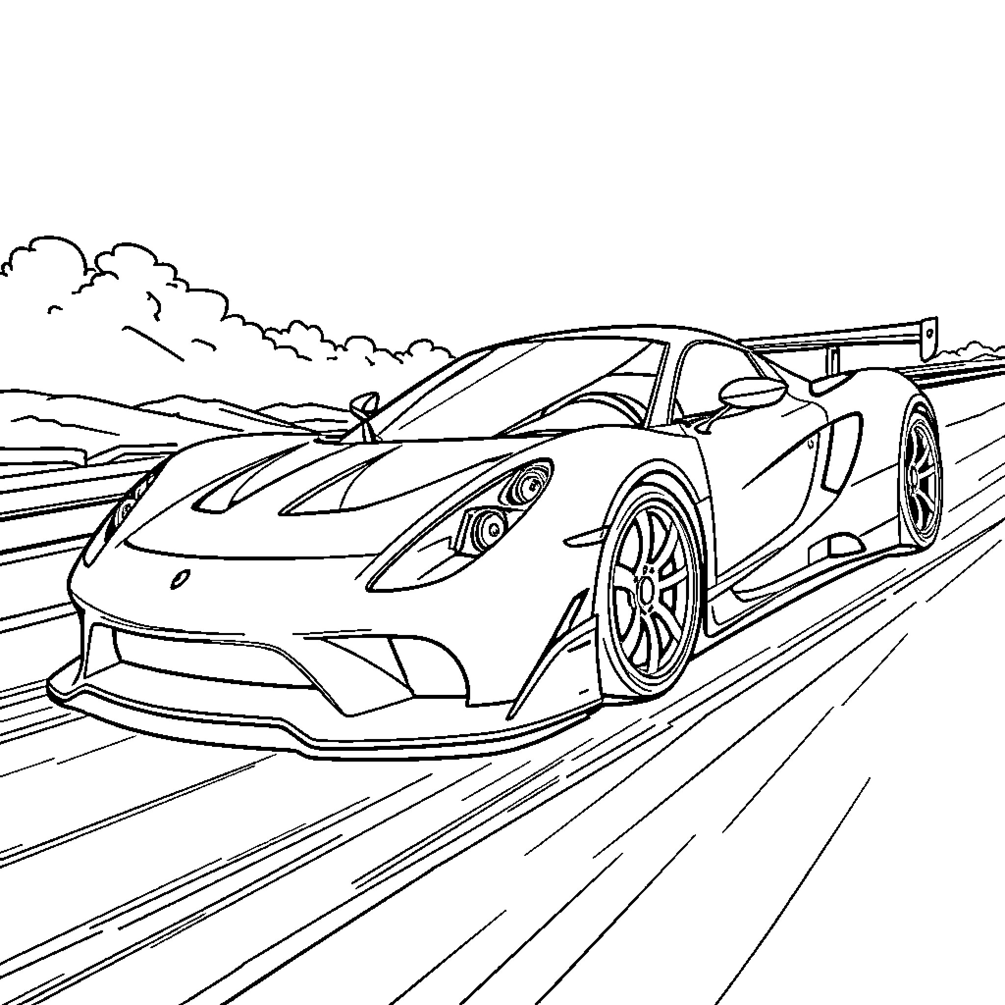 Sports Car speeding on winding road Coloring Page (free black-and-white line drawing printable PDF for all, from beginners to advanced learners, including children, teens, adults, and seniors)