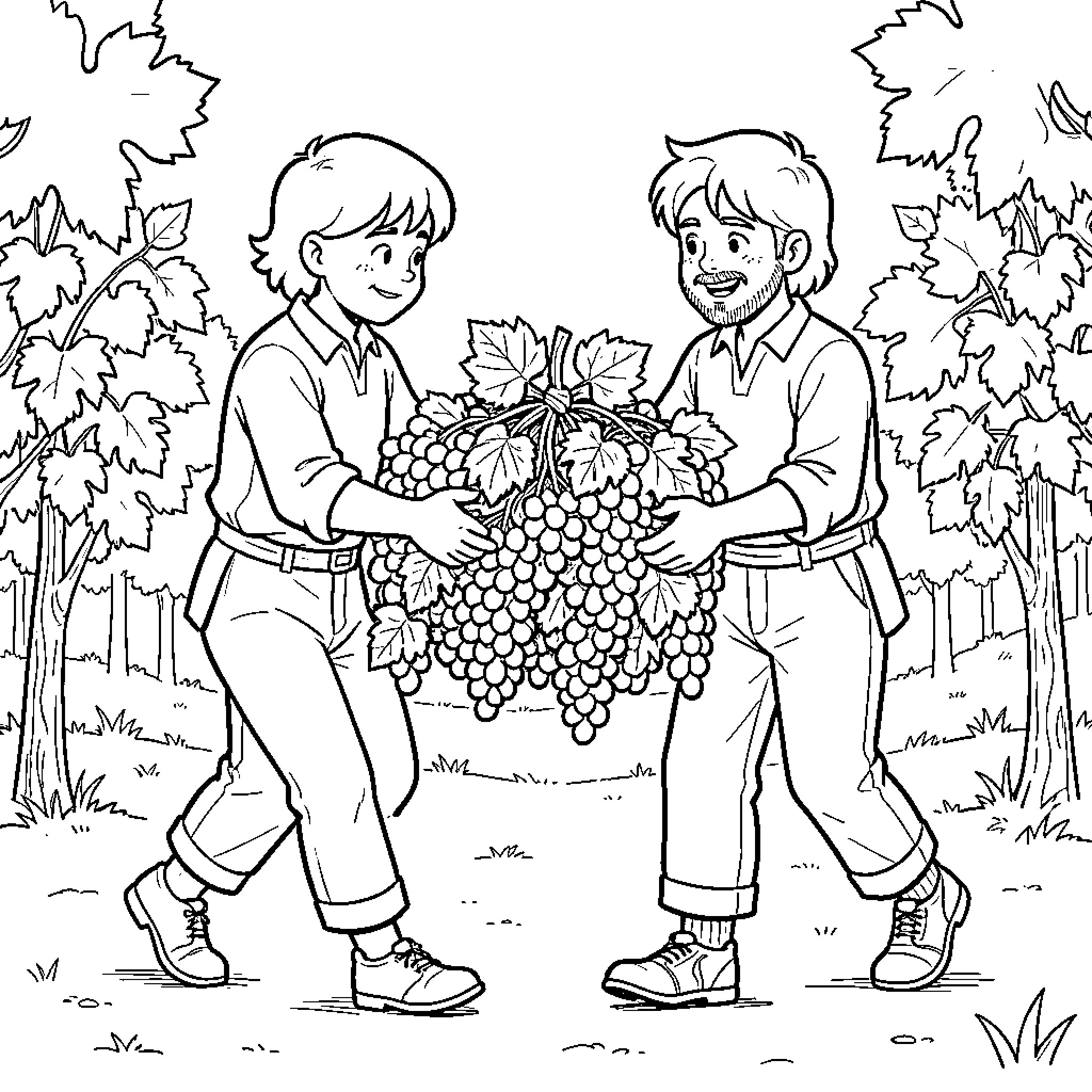 Grape harvesting by two people in a vineyard Coloring Page (free black-and-white line drawing printable PDF for all, from beginners to advanced learners, including children, teens, adults, and seniors)