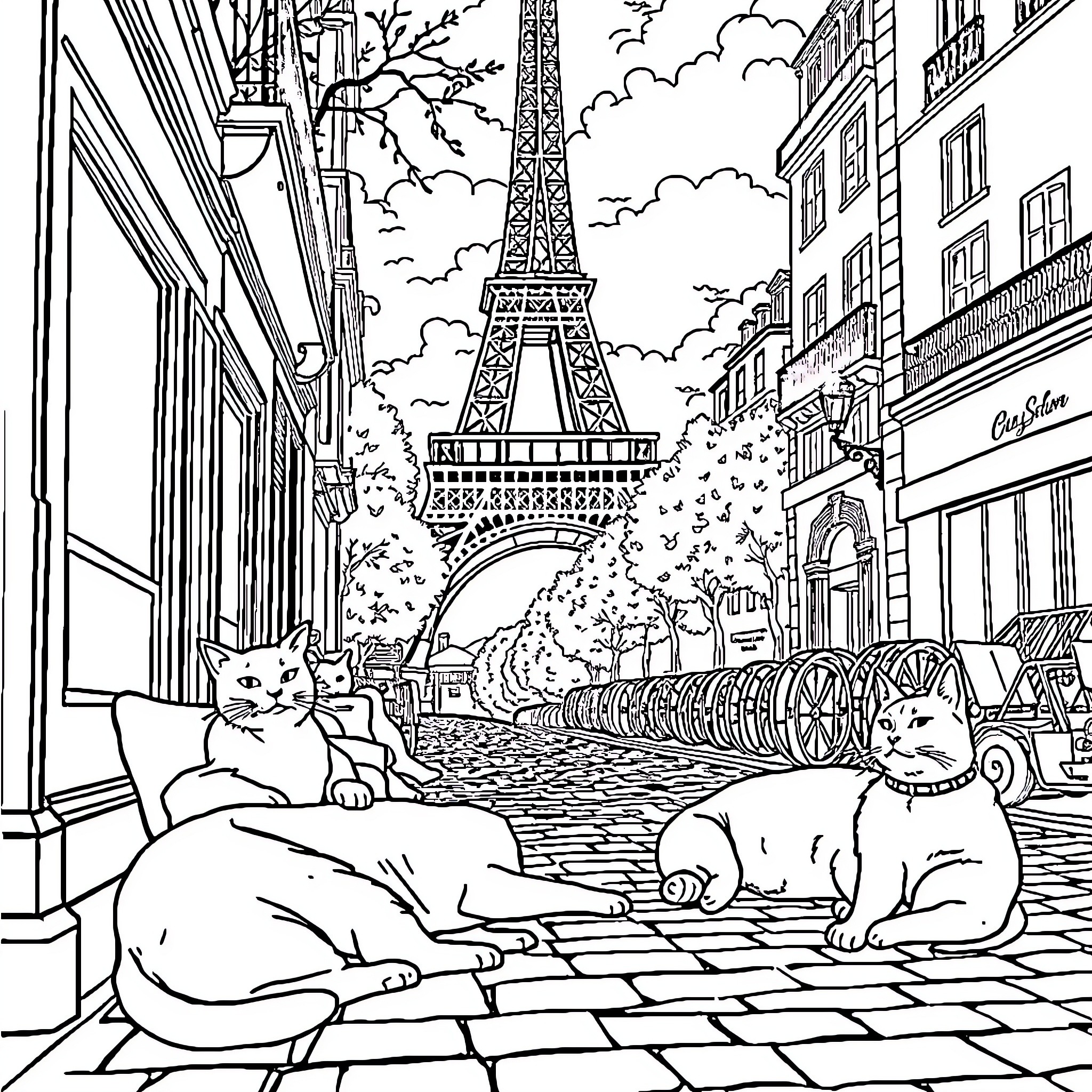 Cats relaxing on a Parisian street with Eiffel Tower Coloring Page (free black-and-white line drawing printable PDF for all, from beginners to advanced learners, including children, teens, adults, and seniors)