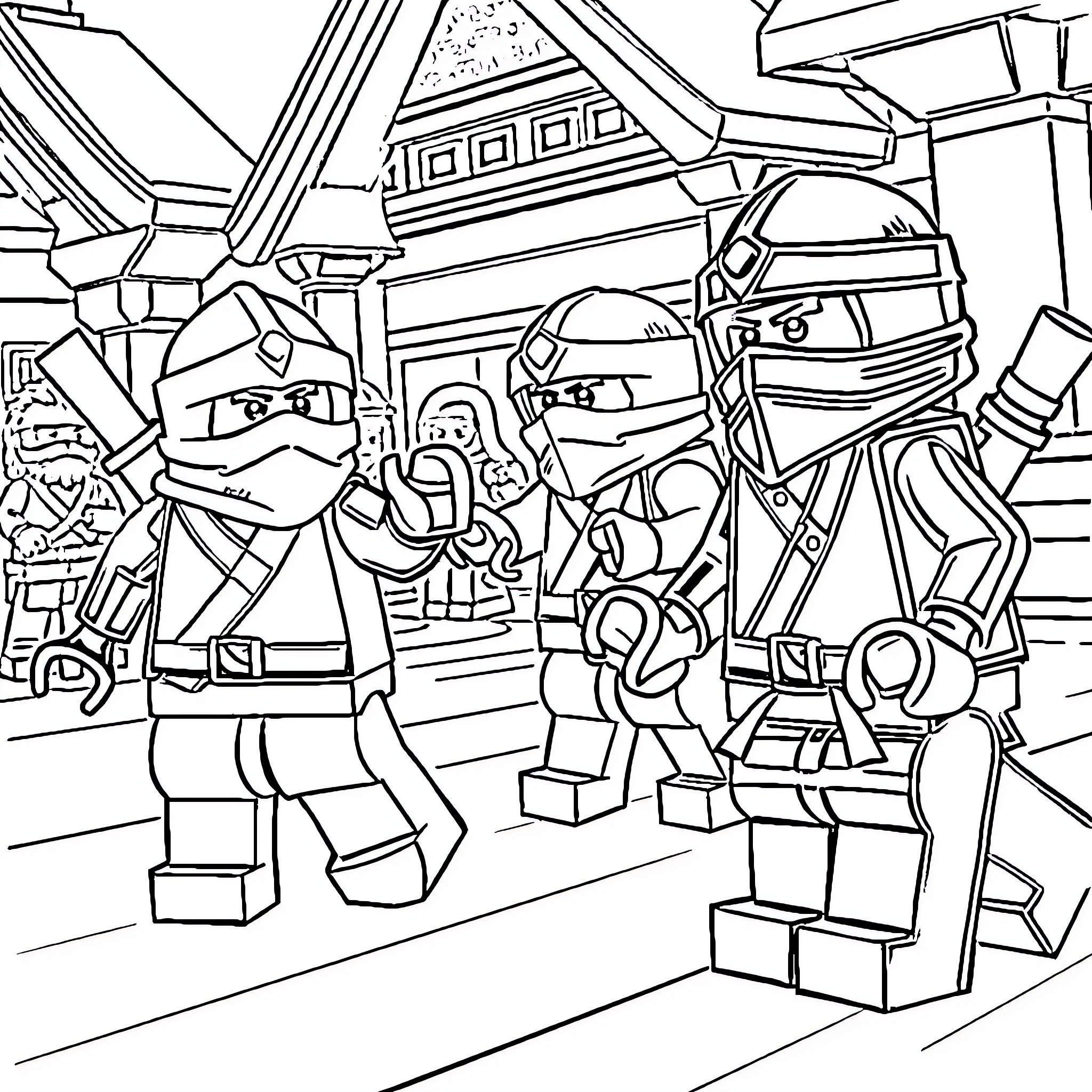 Lego Ninja Warriors in Action Coloring Page (free black-and-white line drawing printable PDF for all, from beginners to advanced learners, including children, teens, adults, and seniors)