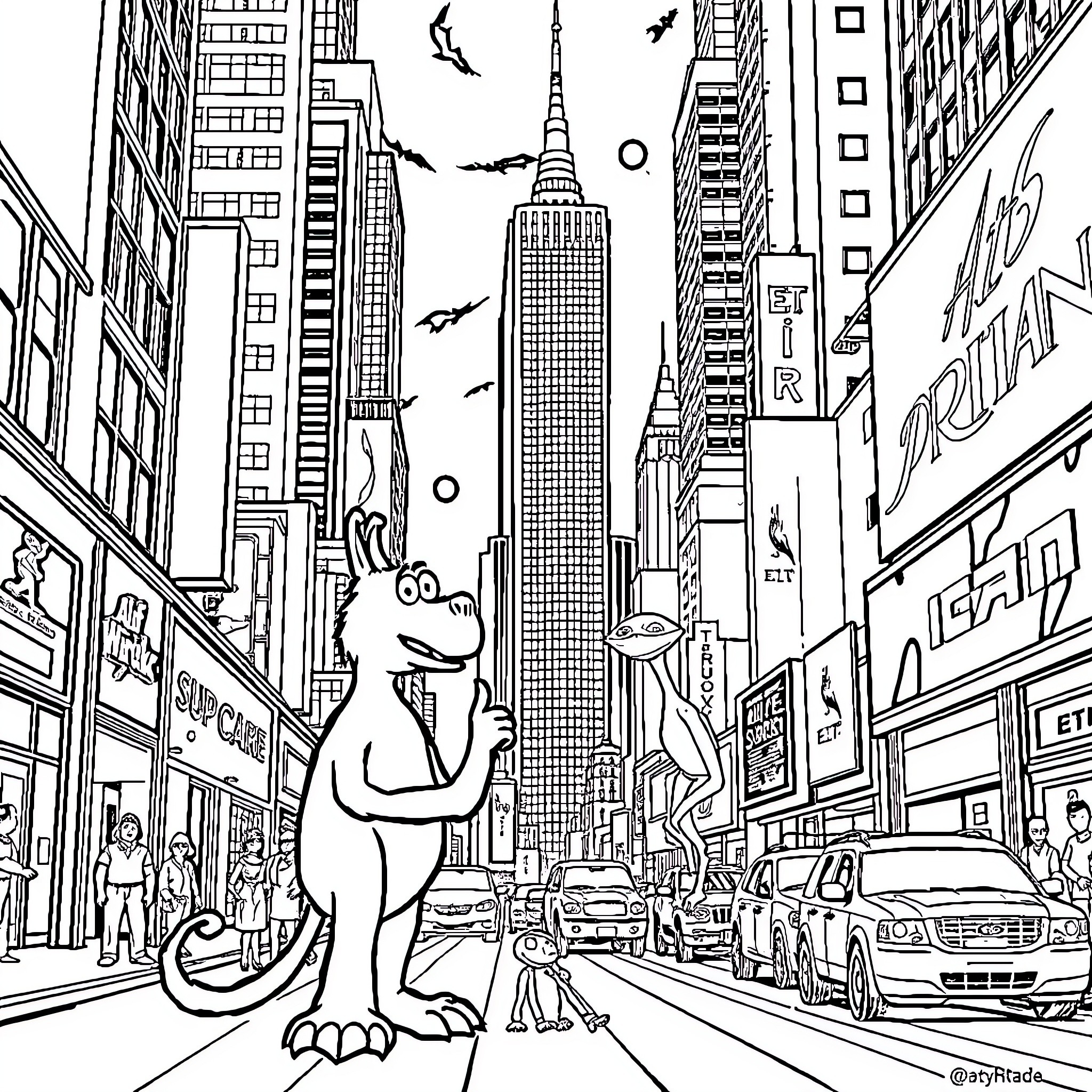 Alf explores the vibrant city streets Coloring Page (free black-and-white line drawing printable PDF for all, from beginners to advanced learners, including children, teens, adults, and seniors)