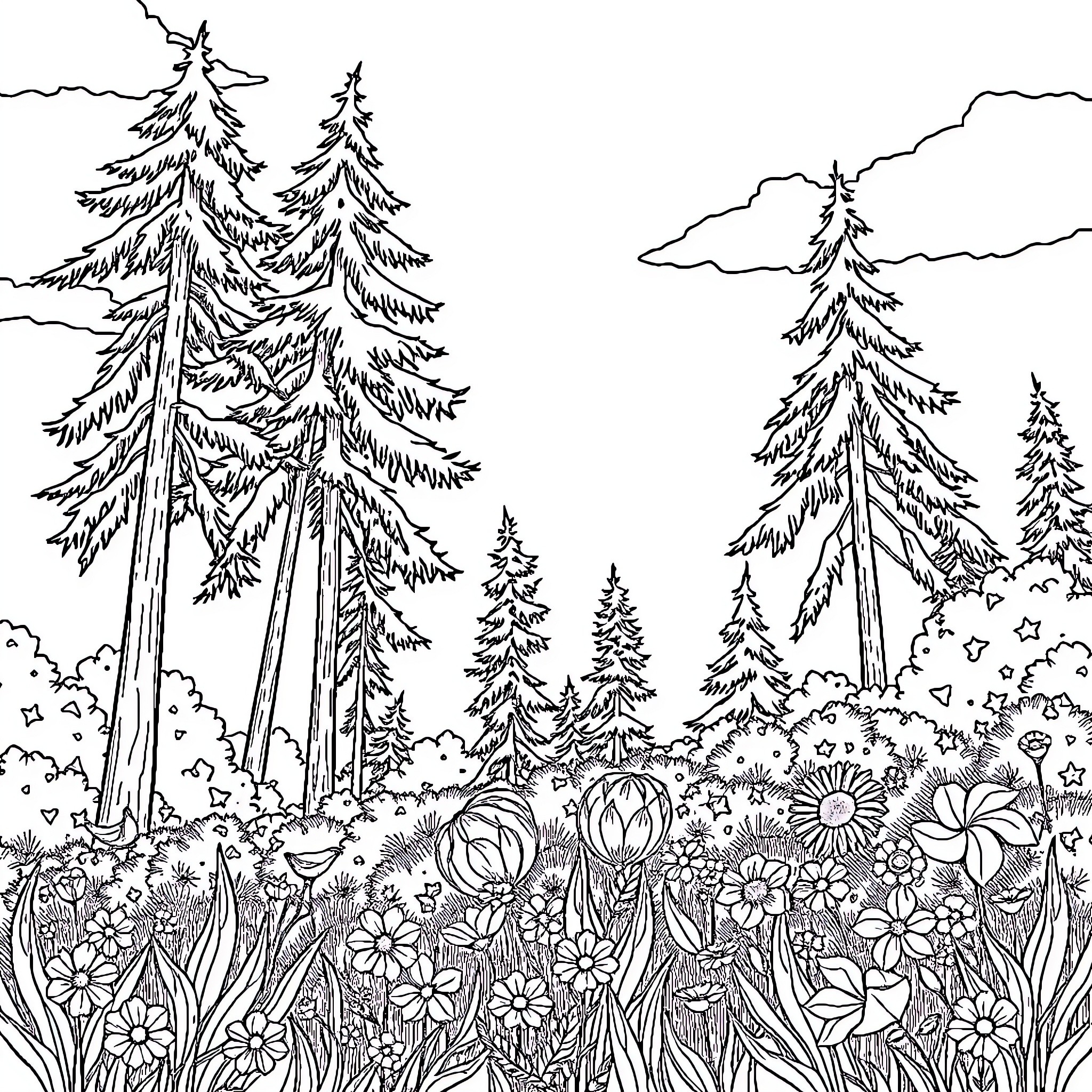 Nature's Garden: Serene Forest and Vibrant Flowers Coloring Page (free black-and-white line drawing printable PDF for all, from beginners to advanced learners, including children, teens, adults, and seniors)