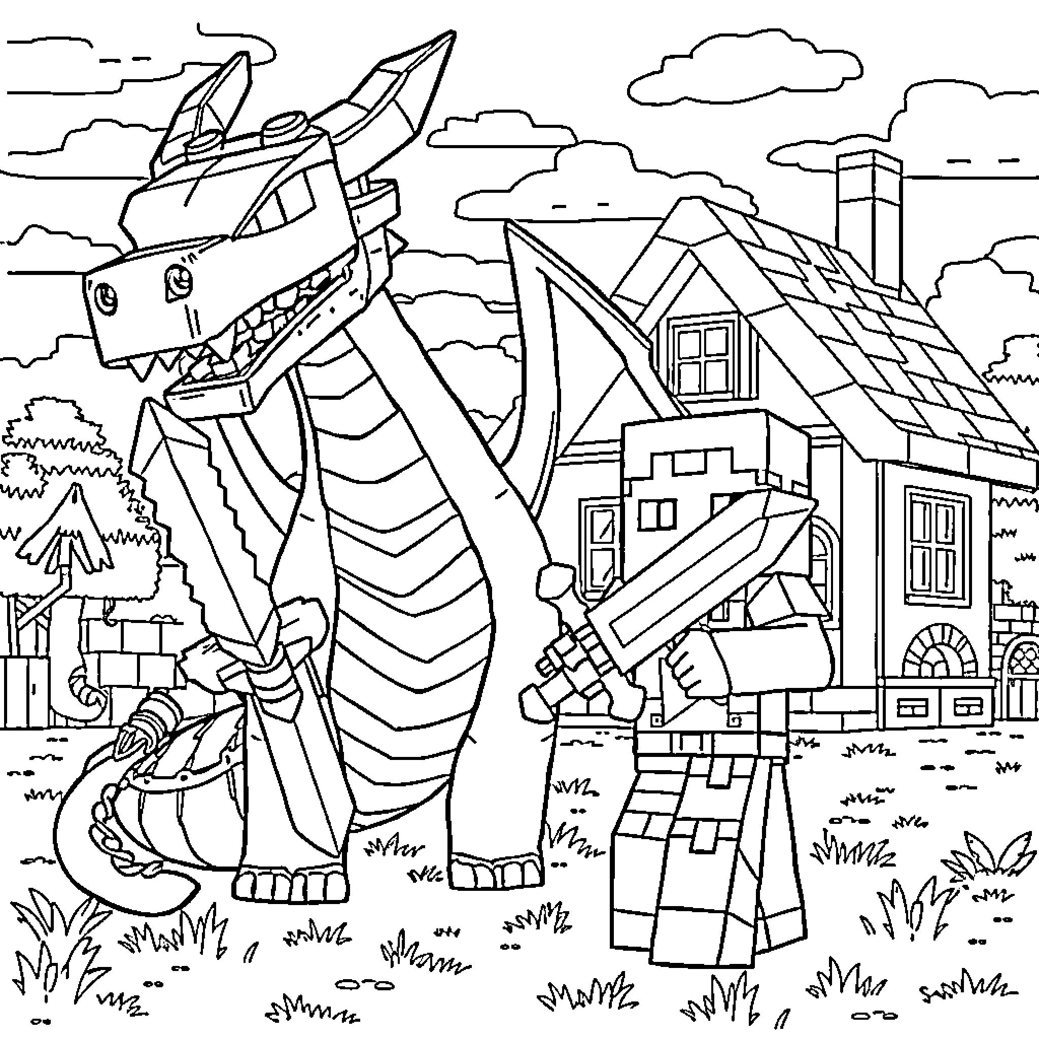 Minecraft Character exploring fantasy landscape with dragon Coloring Page (free black-and-white line drawing printable PDF for all, from beginners to advanced learners, including children, teens, adults, and seniors)