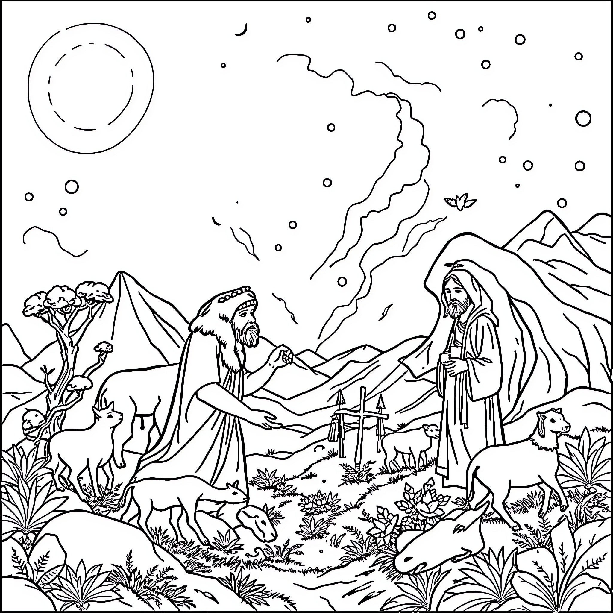 Creation of the Mystical Landscape Coloring Page (free black-and-white line drawing printable PDF for all, from beginners to advanced learners, including children, teens, adults, and seniors)