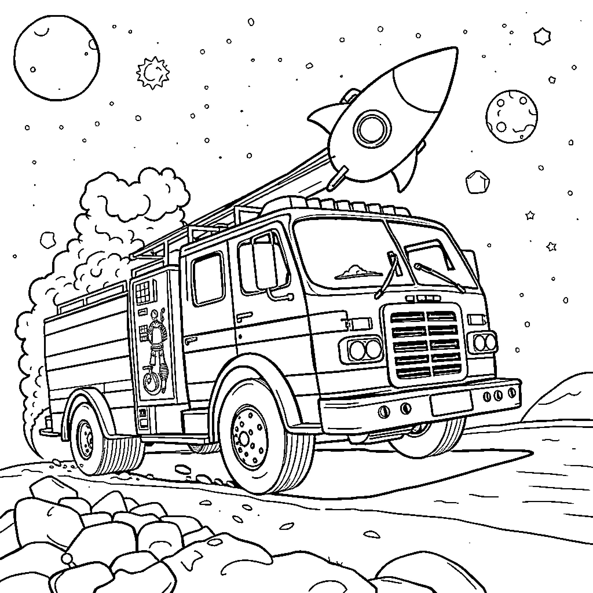 Firetruck racing towards stars and planets Coloring Page (free black-and-white line drawing printable PDF for all, from beginners to advanced learners, including children, teens, adults, and seniors)