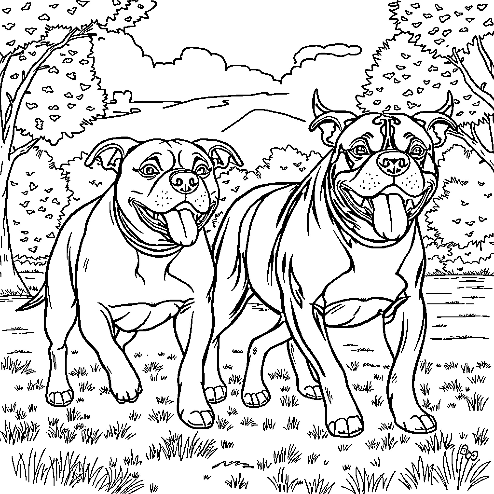 Bull Arab dogs playing joyfully in the countryside Coloring Page (free black-and-white line drawing printable PDF for all, from beginners to advanced learners, including children, teens, adults, and seniors)