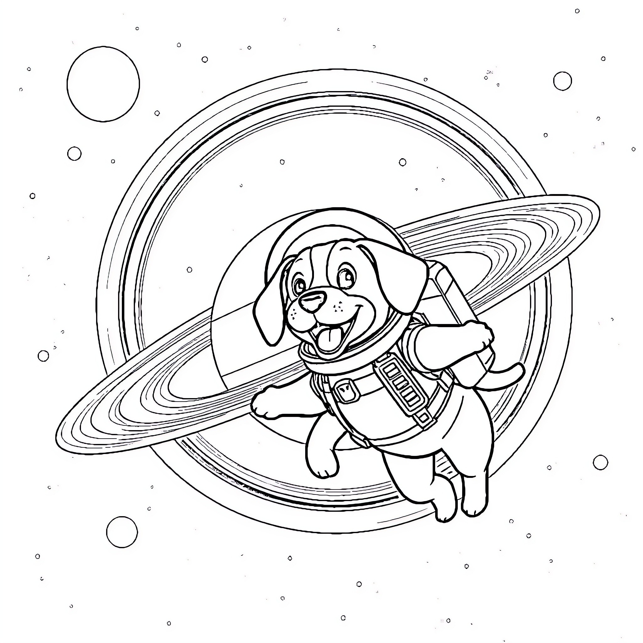 Beagle astronaut exploring the cosmos Coloring Page (free black-and-white line drawing printable PDF for all, from beginners to advanced learners, including children, teens, adults, and seniors)