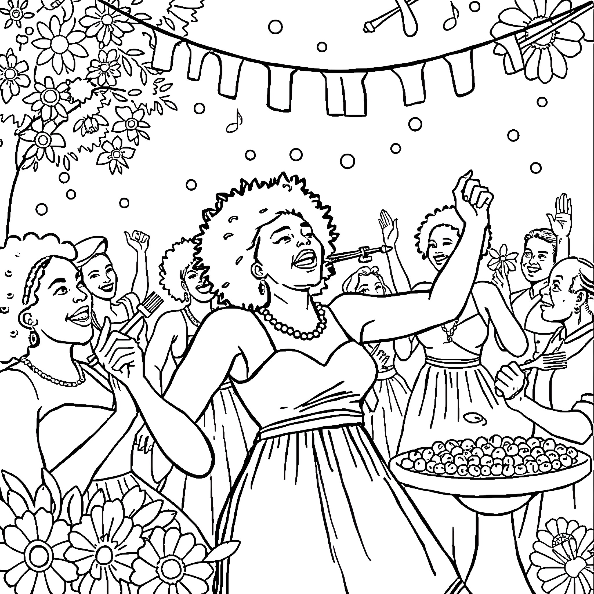 Juneteenth Celebration with People Gathered and Enjoying the Festivities Coloring Page (free black-and-white line drawing printable PDF for all, from beginners to advanced learners, including children, teens, adults, and seniors)