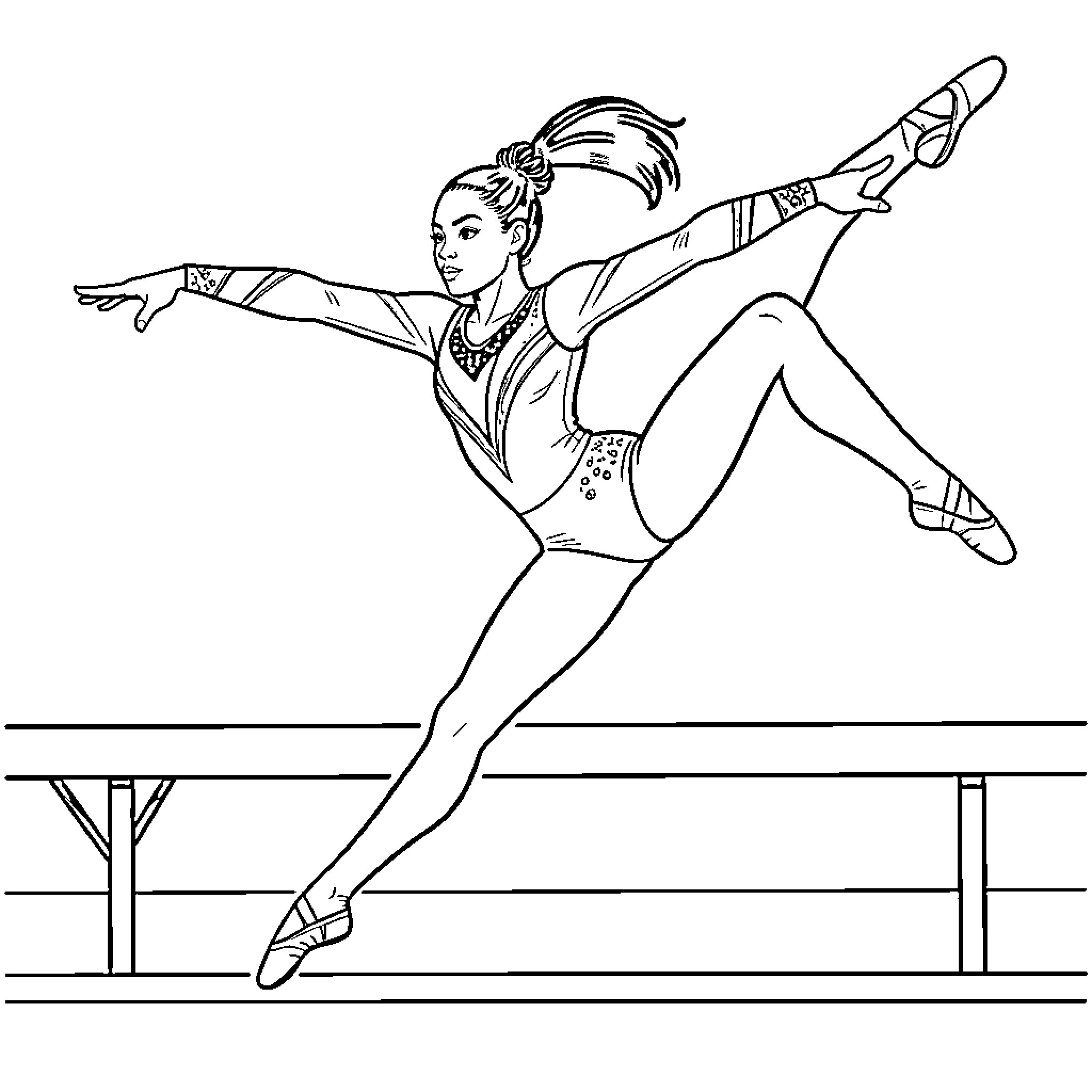 Simone Biles performing gymnastic routine Coloring Page (free black-and-white line drawing printable PDF for all, from beginners to advanced learners, including children, teens, adults, and seniors)