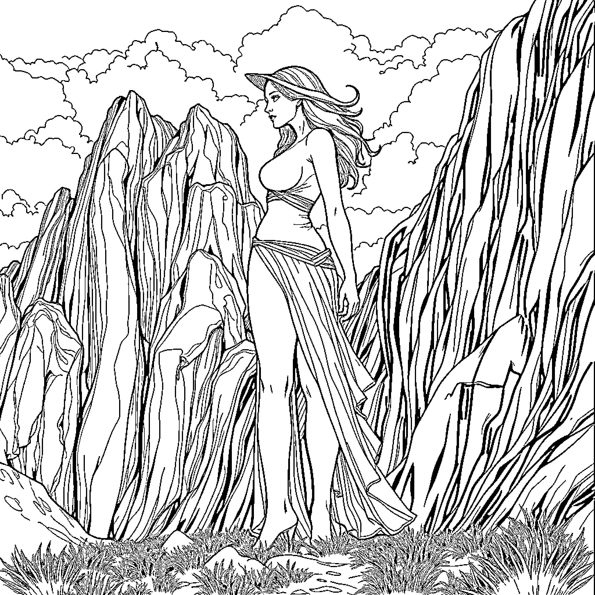 Giantess Exploring the Majestic Mountain Landscape Coloring Page (free black-and-white line drawing printable PDF for all, from beginners to advanced learners, including children, teens, adults, and seniors)