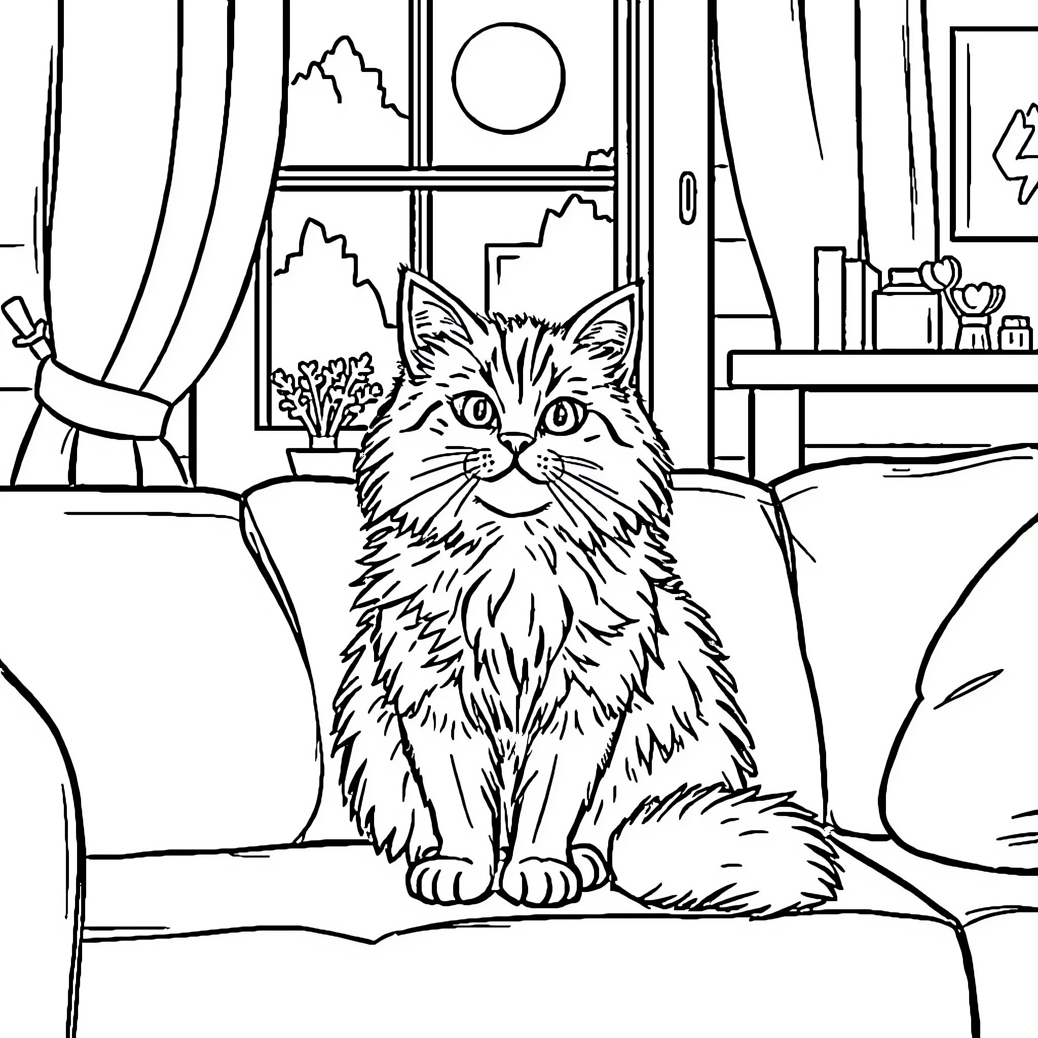Cat sitting comfortably in a cozy home Coloring Page (free black-and-white line drawing printable PDF for all, from beginners to advanced learners, including children, teens, adults, and seniors)