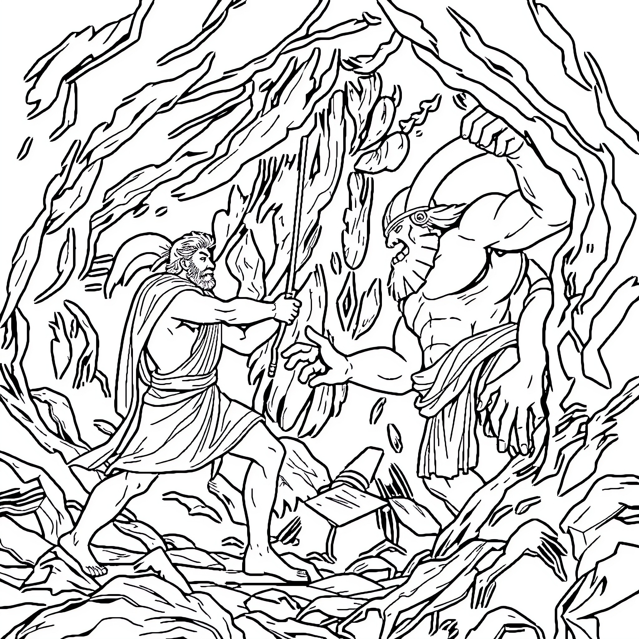Odysseus Facing the Cyclops in the Cave Coloring Page (free black-and-white line drawing printable PDF for all, from beginners to advanced learners, including children, teens, adults, and seniors)