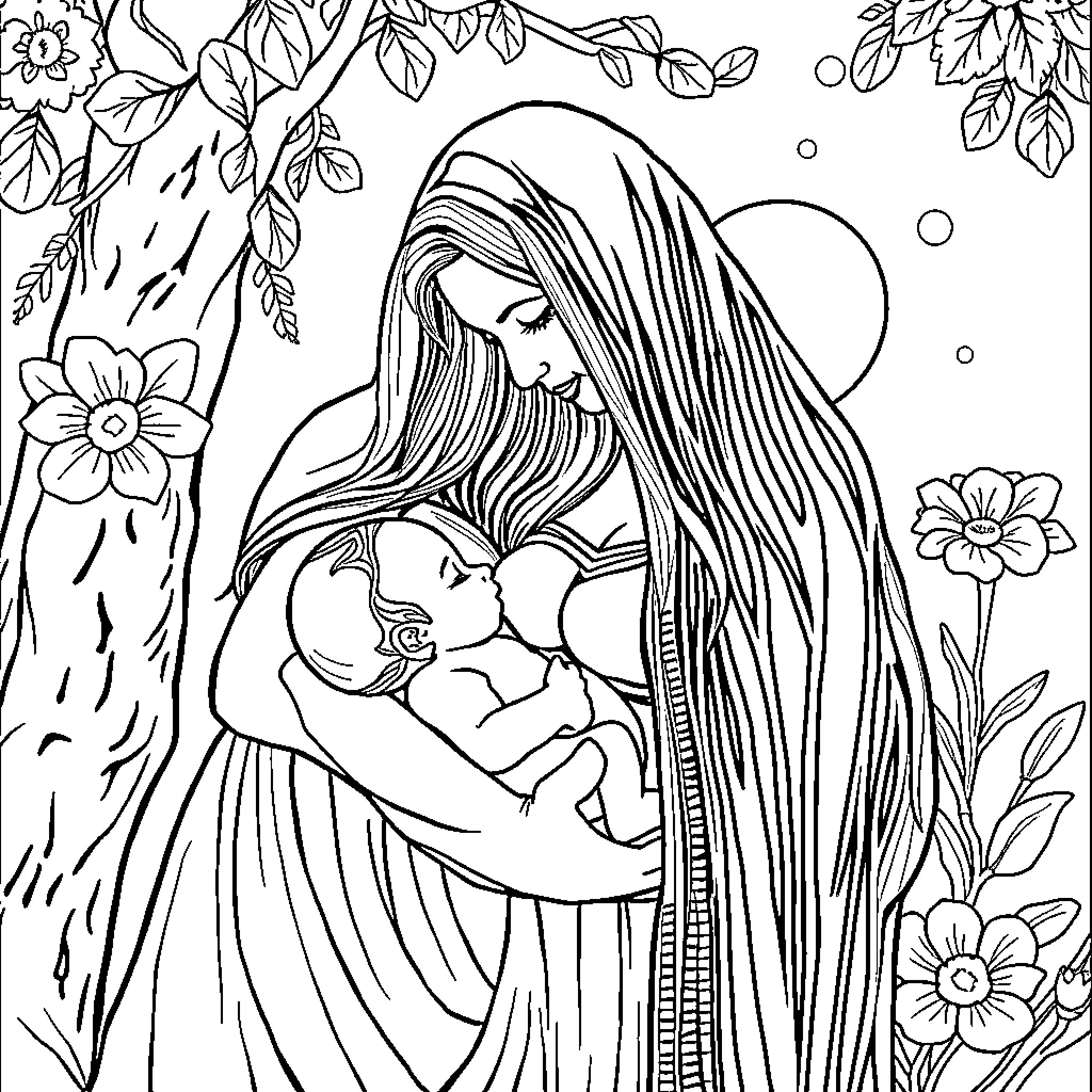 Birth of a Mother's Love in Nature's Embrace Coloring Page (free black-and-white line drawing printable PDF for all, from beginners to advanced learners, including children, teens, adults, and seniors)