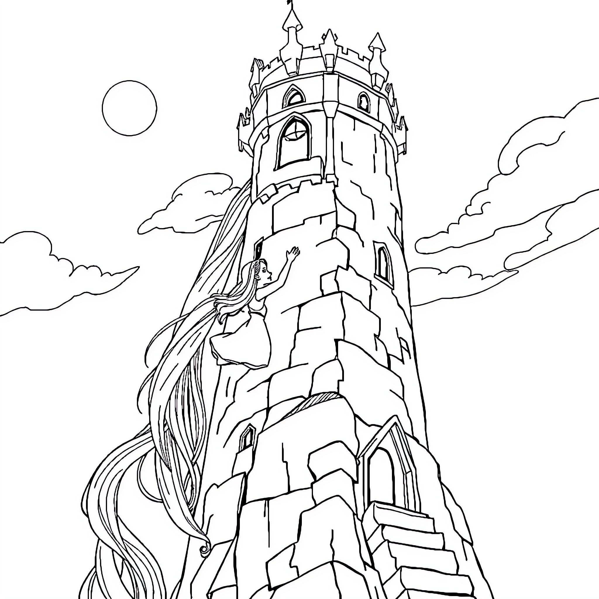 Rapunzel admiring the enchanted castle tower Coloring Page (free black-and-white line drawing printable PDF for all, from beginners to advanced learners, including children, teens, adults, and seniors)