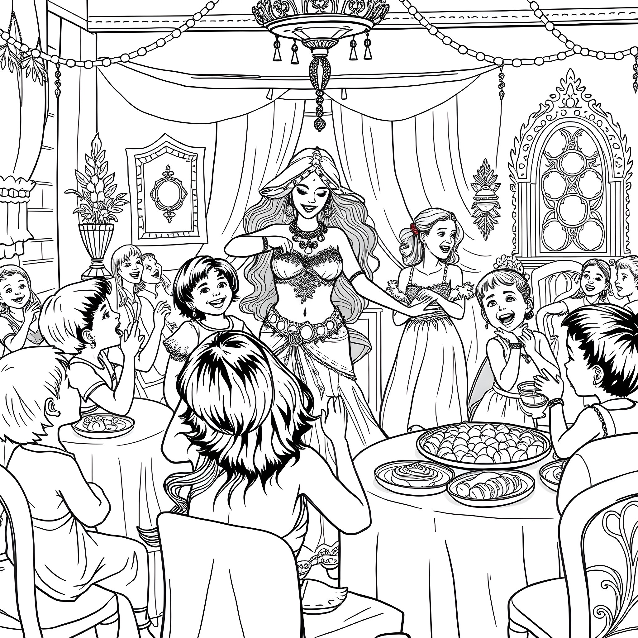 Child's Birthday Party in Lavish Royal Palace Coloring Page (free black-and-white line drawing printable PDF for all, from beginners to advanced learners, including children, teens, adults, and seniors)