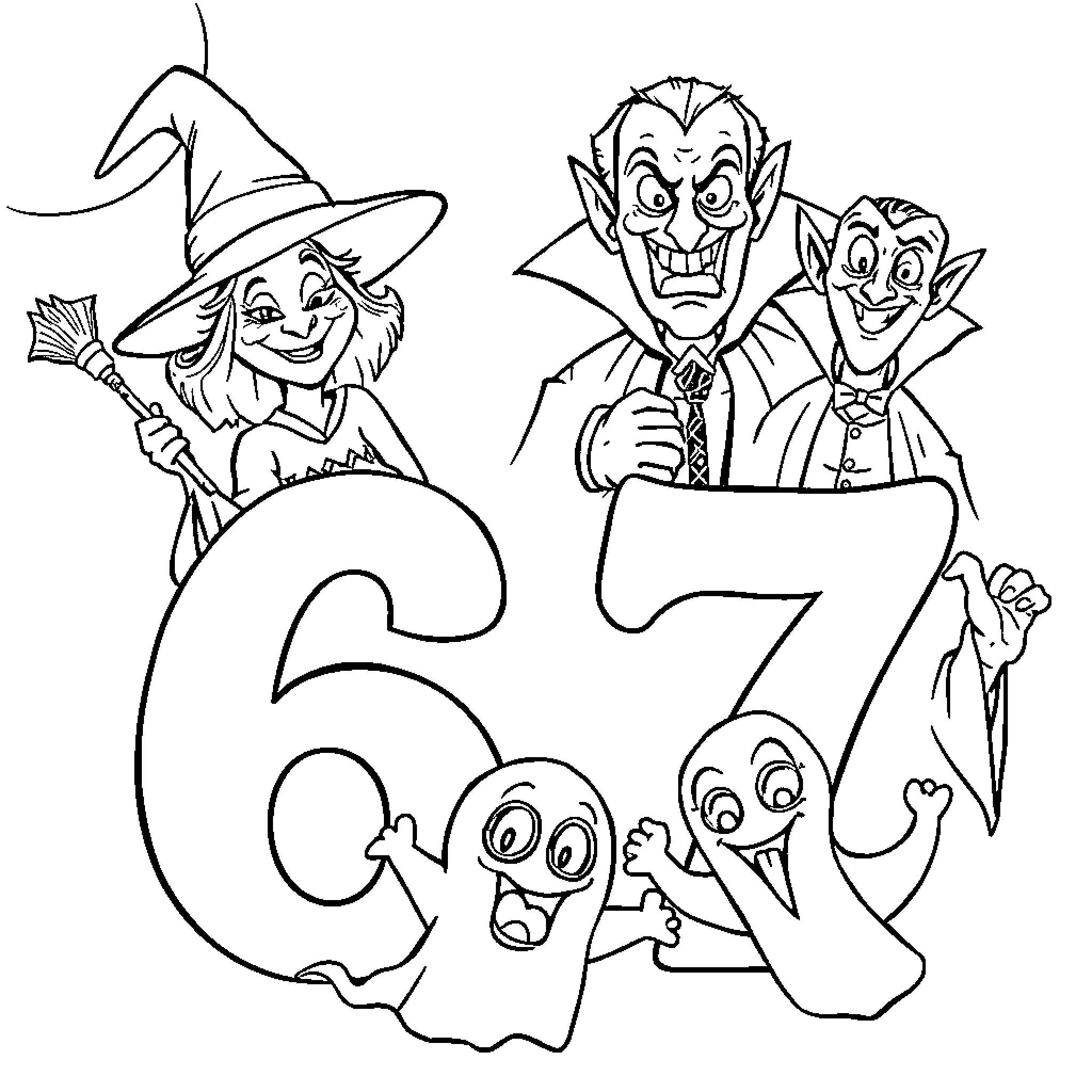 Halloween Themed Characters Celebrating with Numbers Coloring Page (free black-and-white line drawing printable PDF for all, from beginners to advanced learners, including children, teens, adults, and seniors)