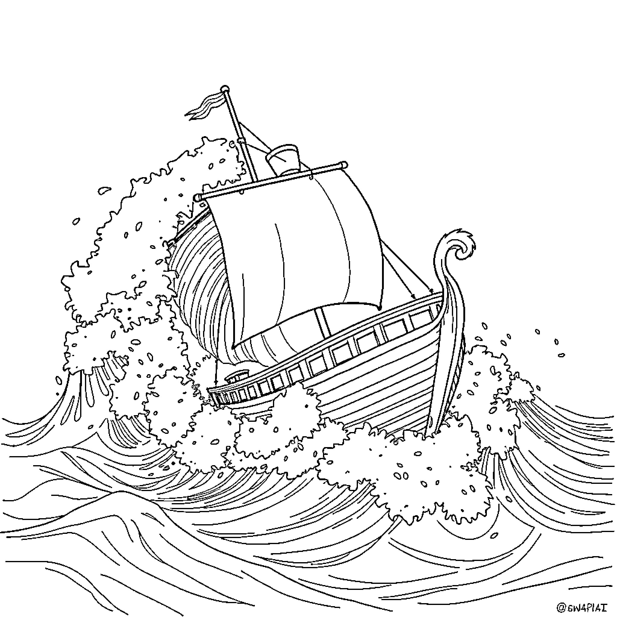 Poseidon's Mighty Ship Braving the Stormy Seas Coloring Page (free black-and-white line drawing printable PDF for all, from beginners to advanced learners, including children, teens, adults, and seniors)