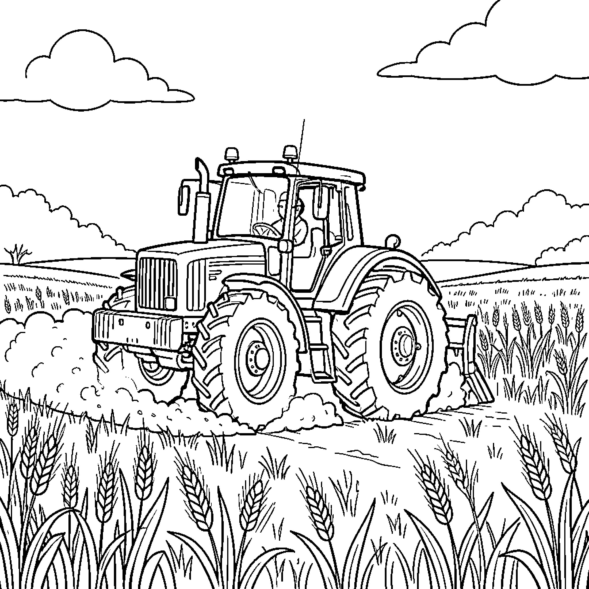 Chase driving a tractor through a wheat field Coloring Page (free black-and-white line drawing printable PDF for all, from beginners to advanced learners, including children, teens, adults, and seniors)