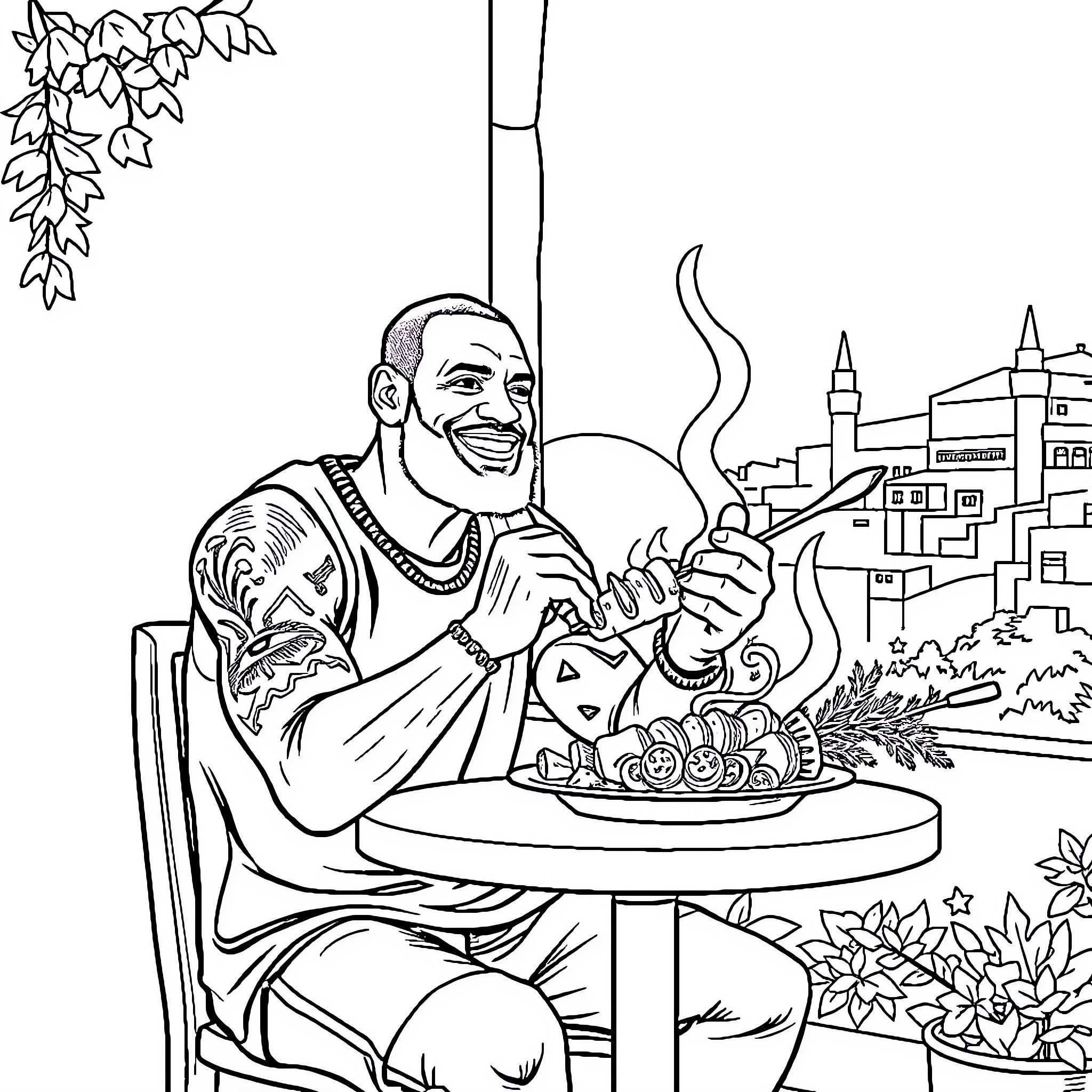 LeBron James Enjoys a Meal in Scenic Outdoor Setting Coloring Page (free black-and-white line drawing printable PDF for all, from beginners to advanced learners, including children, teens, adults, and seniors)