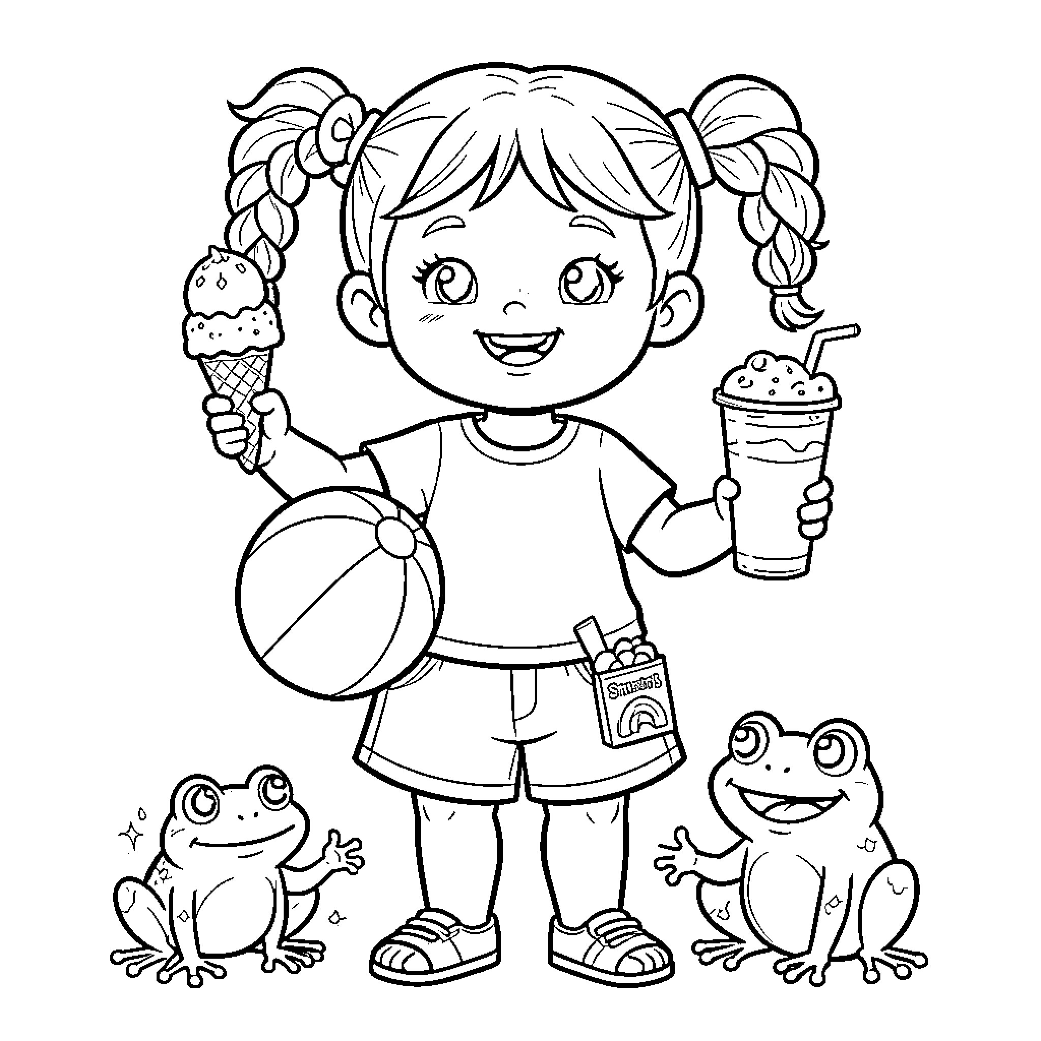 Toddler enjoying summer treats with animal friends Coloring Page (free black-and-white line drawing printable PDF for all, from beginners to advanced learners, including children, teens, adults, and seniors)