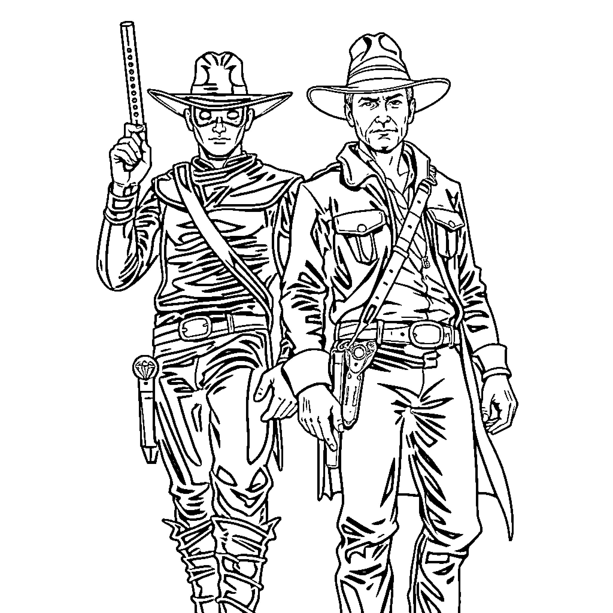 Zorro and the Cowboy in Action Coloring Page (free black-and-white line drawing printable PDF for all, from beginners to advanced learners, including children, teens, adults, and seniors)