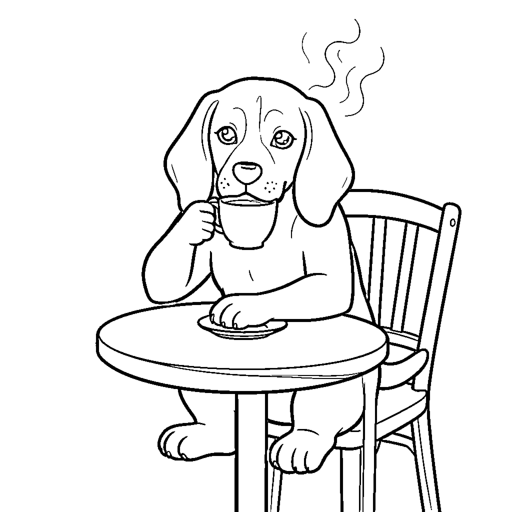 Beagle sitting at a table drinking a hot beverage Coloring Page (free black-and-white line drawing printable PDF for all, from beginners to advanced learners, including children, teens, adults, and seniors)