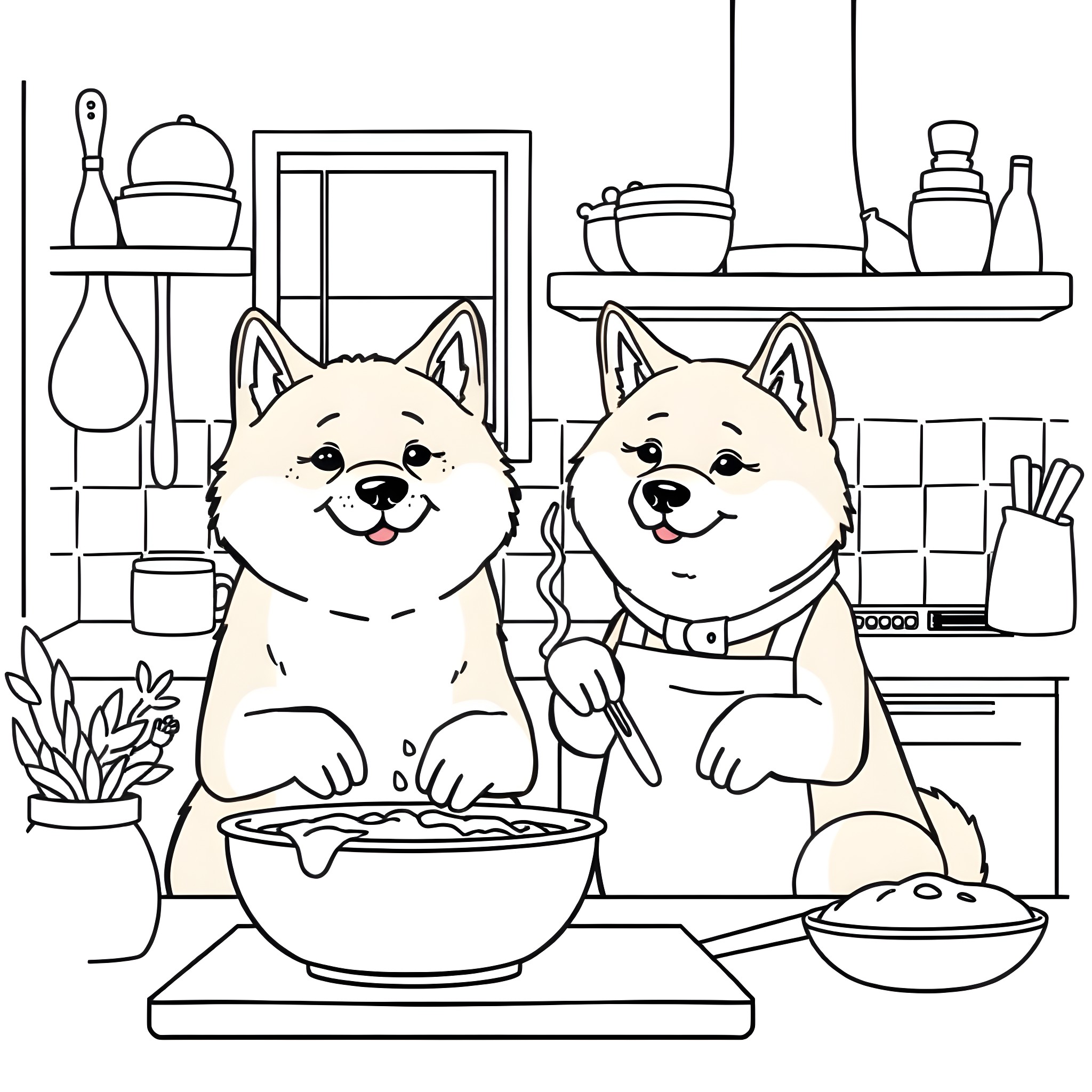 Shiba Inu enjoying a meal in the kitchen Coloring Page (free black-and-white line drawing printable PDF for all, from beginners to advanced learners, including children, teens, adults, and seniors)
