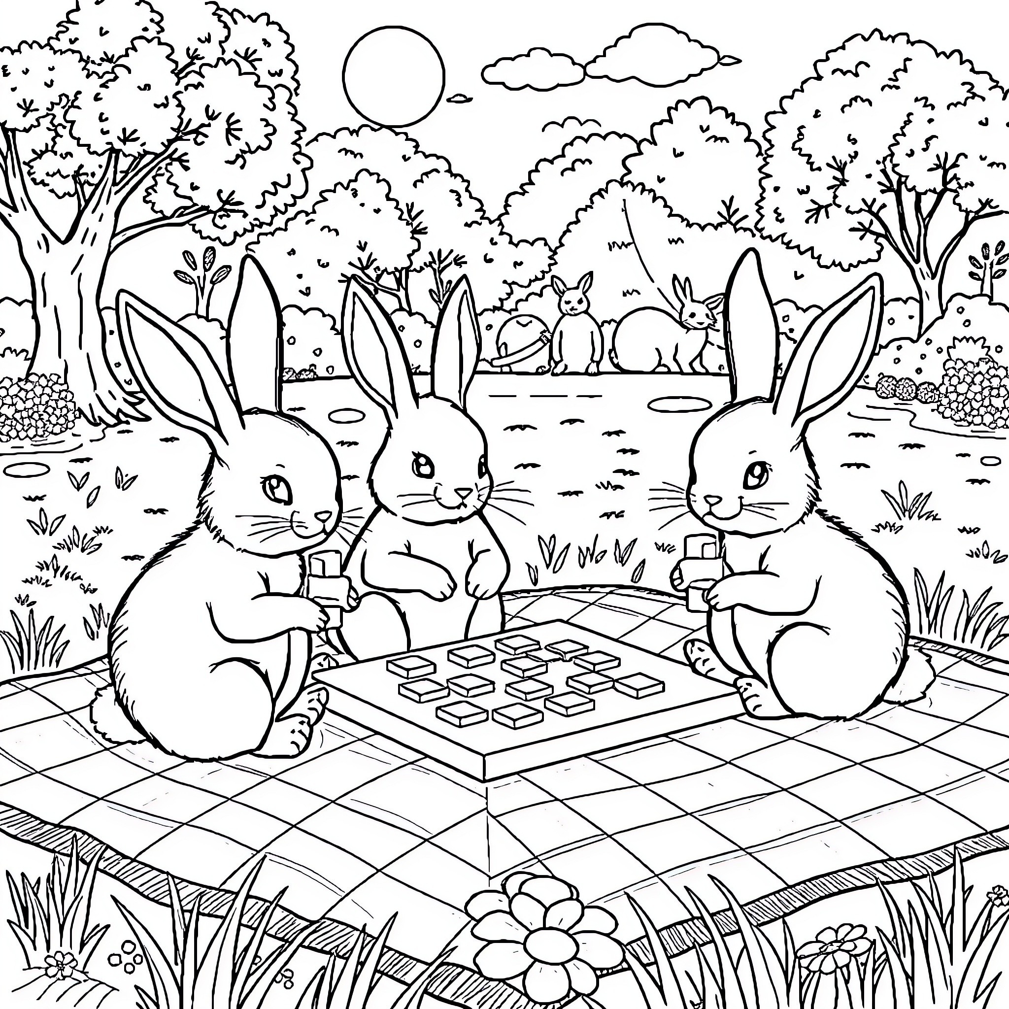 Bunnies playing checkers in the park Coloring Page (free black-and-white line drawing printable PDF for all, from beginners to advanced learners, including children, teens, adults, and seniors)
