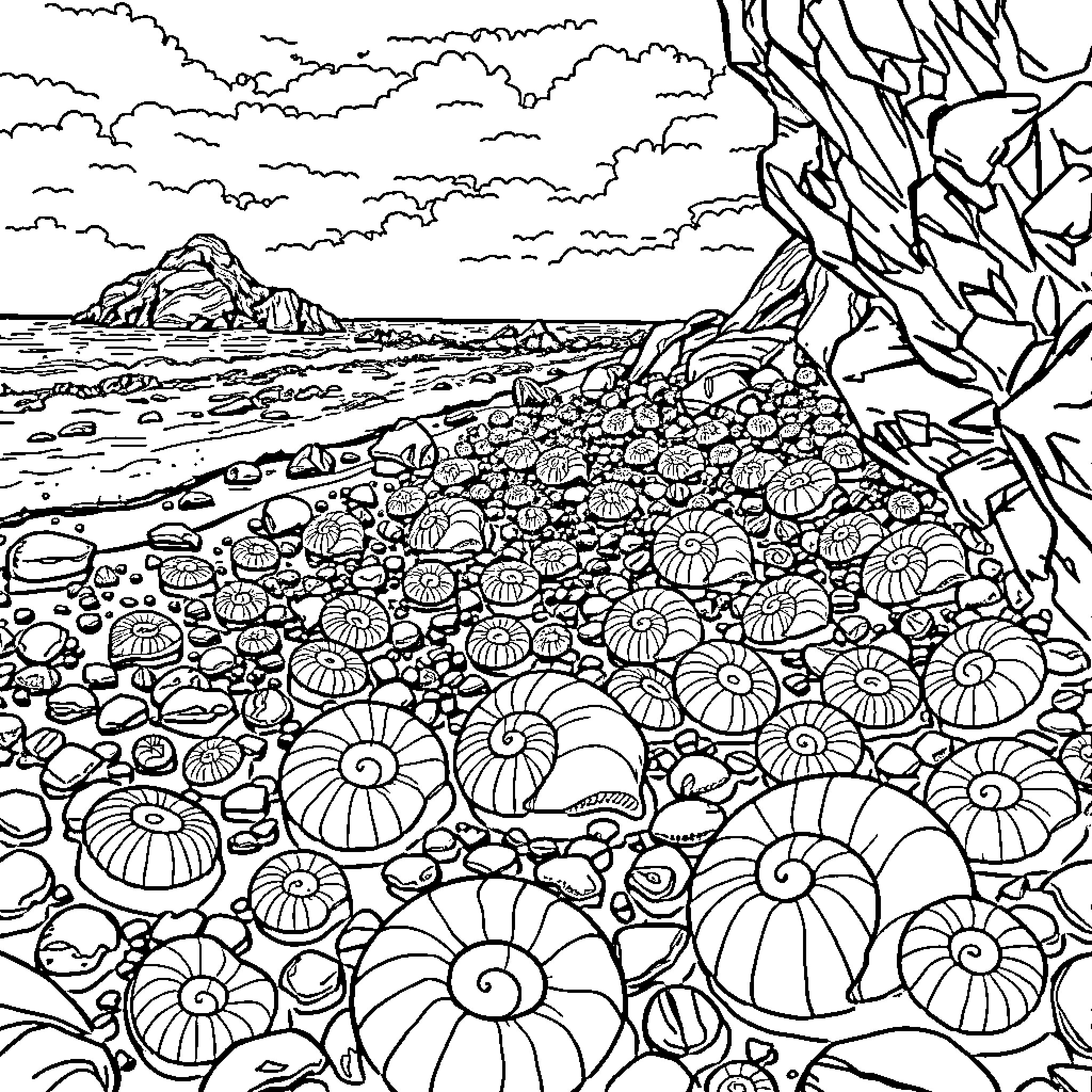 Ammonite: Intricately Patterned Coastal Landscape Coloring Page (free black-and-white line drawing printable PDF for all, from beginners to advanced learners, including children, teens, adults, and seniors)