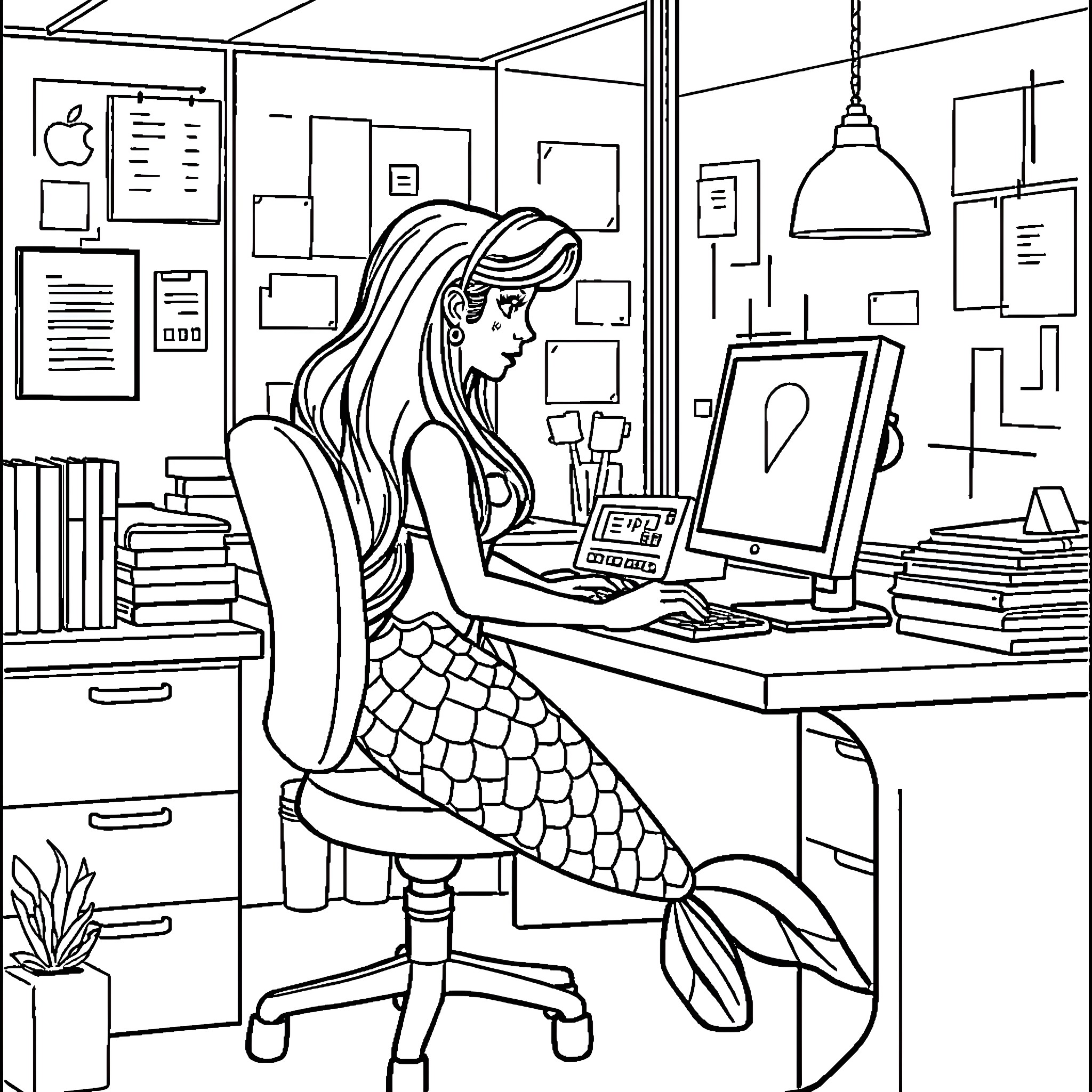 Mermaid working diligently at her desk Coloring Page (free black-and-white line drawing printable PDF for all, from beginners to advanced learners, including children, teens, adults, and seniors)
