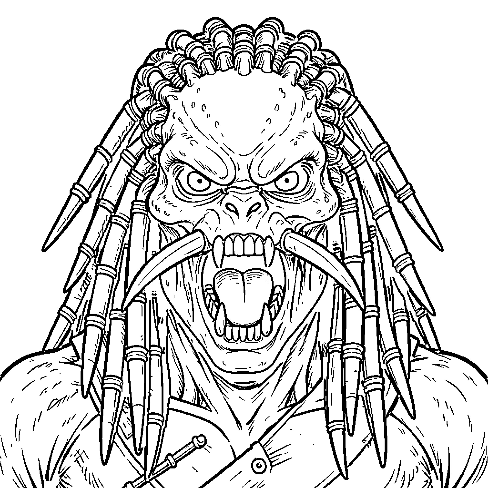 Predator roaring with an intense facial expression Coloring Page (free black-and-white line drawing printable PDF for all, from beginners to advanced learners, including children, teens, adults, and seniors)