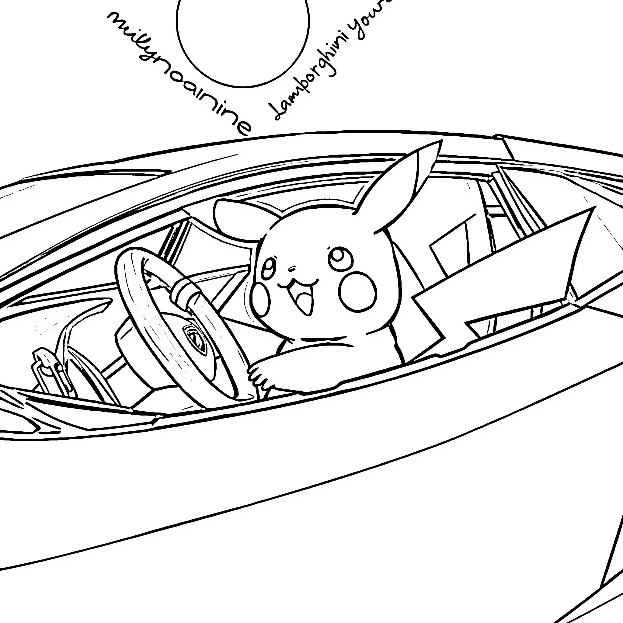 Pikachu enjoying a drive in a fast car Coloring Page (free black-and-white line drawing printable PDF for all, from beginners to advanced learners, including children, teens, adults, and seniors)