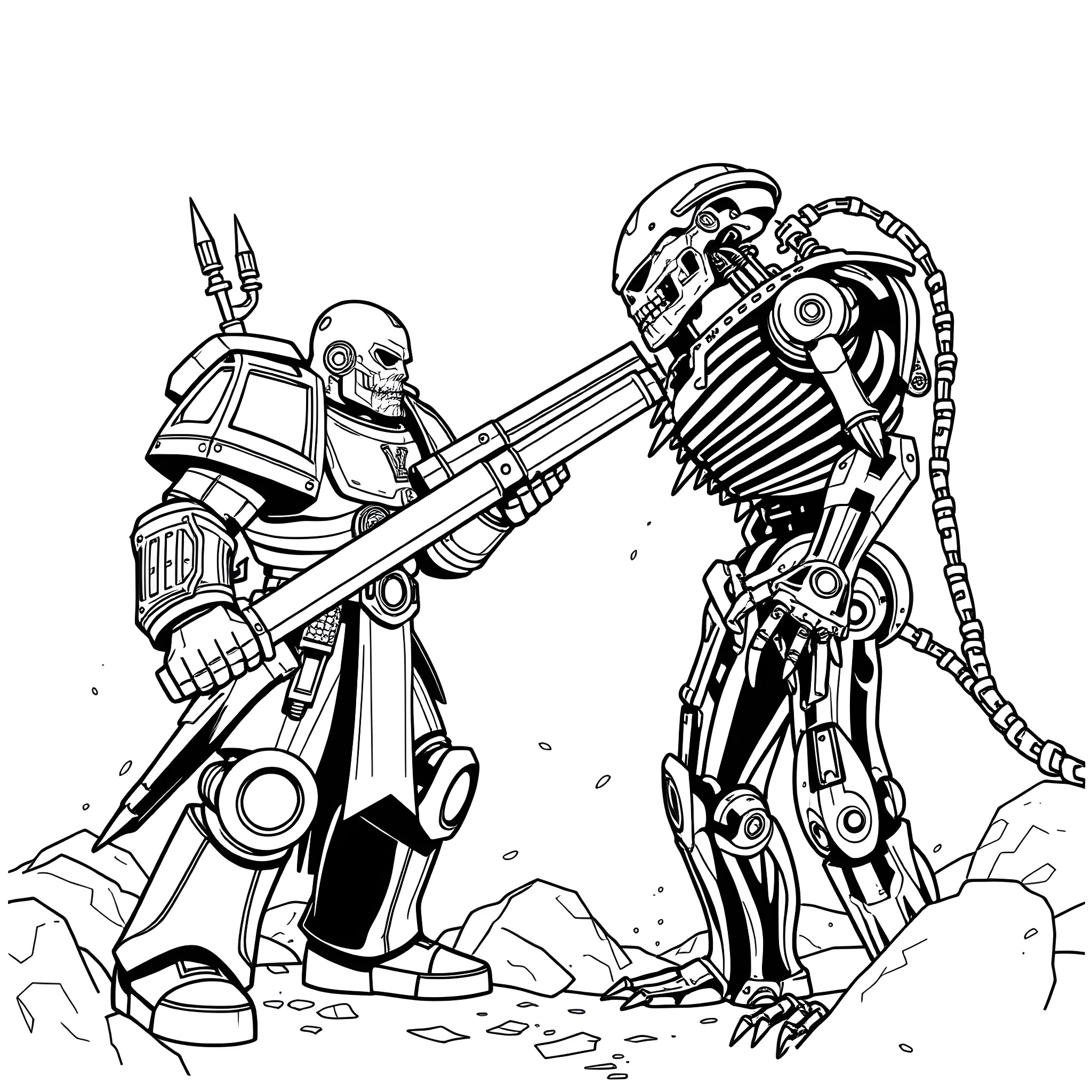 Warhammer Robots Clashing in Intense Battle Coloring Page (free black-and-white line drawing printable PDF for all, from beginners to advanced learners, including children, teens, adults, and seniors)