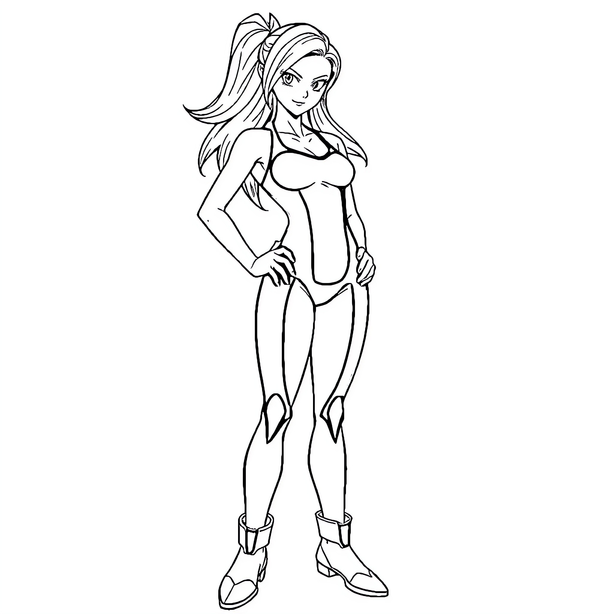 Android 18 in combat-ready pose Coloring Page (free black-and-white line drawing printable PDF for all, from beginners to advanced learners, including children, teens, adults, and seniors)