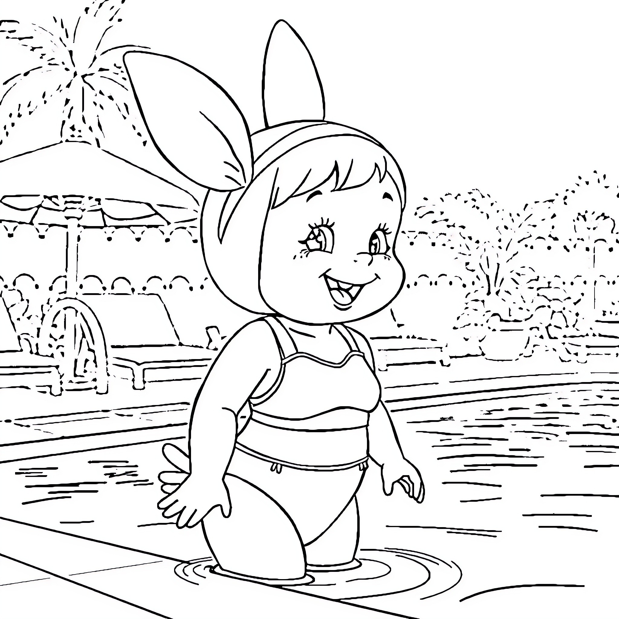 Cinderella enjoying a sunny day at the pool Coloring Page (free black-and-white line drawing printable PDF for all, from beginners to advanced learners, including children, teens, adults, and seniors)