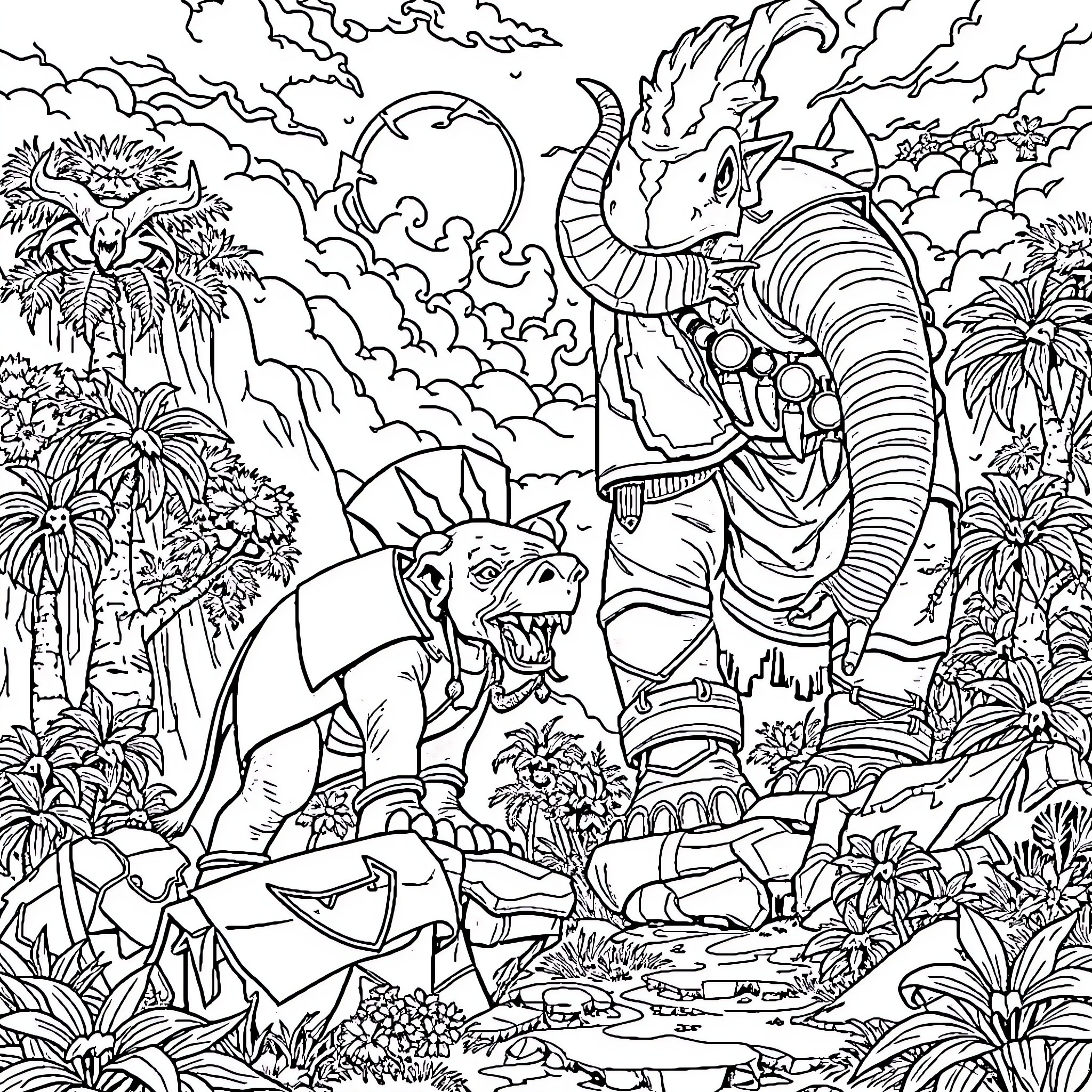 Elephant Monsters in Fantastical Jungle Landscape Coloring Page (free black-and-white line drawing printable PDF for all, from beginners to advanced learners, including children, teens, adults, and seniors)