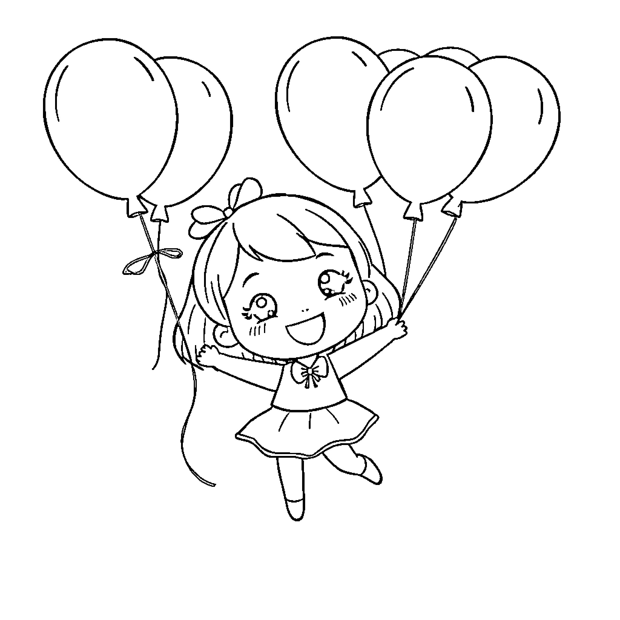 Chibi Girl Joyfully Floating with Balloons Coloring Page (free black-and-white line drawing printable PDF for all, from beginners to advanced learners, including children, teens, adults, and seniors)