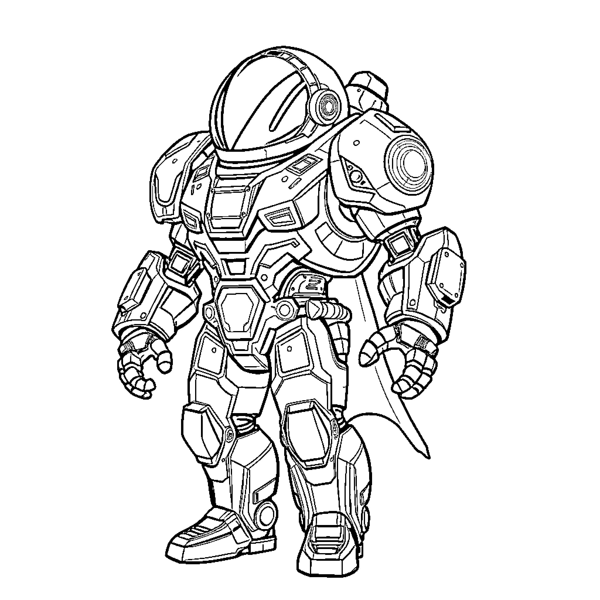 Mech Suit Warrior in Futuristic Gear Coloring Page (free black-and-white line drawing printable PDF for all, from beginners to advanced learners, including children, teens, adults, and seniors)